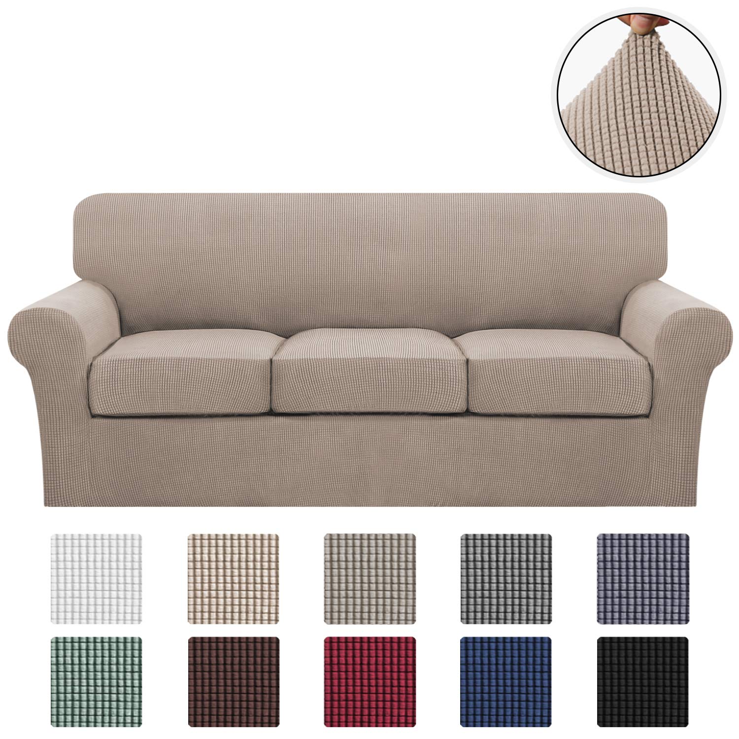 Turquoize 4 Piece Stretch Sofa Covers for 3 Cushion Couch Covers Sofa Slipcovers Including Base Cover and 3 Individual Seat Cushion Covers, Thick Soft Jacquard Customized Fitting (Large, Sand)