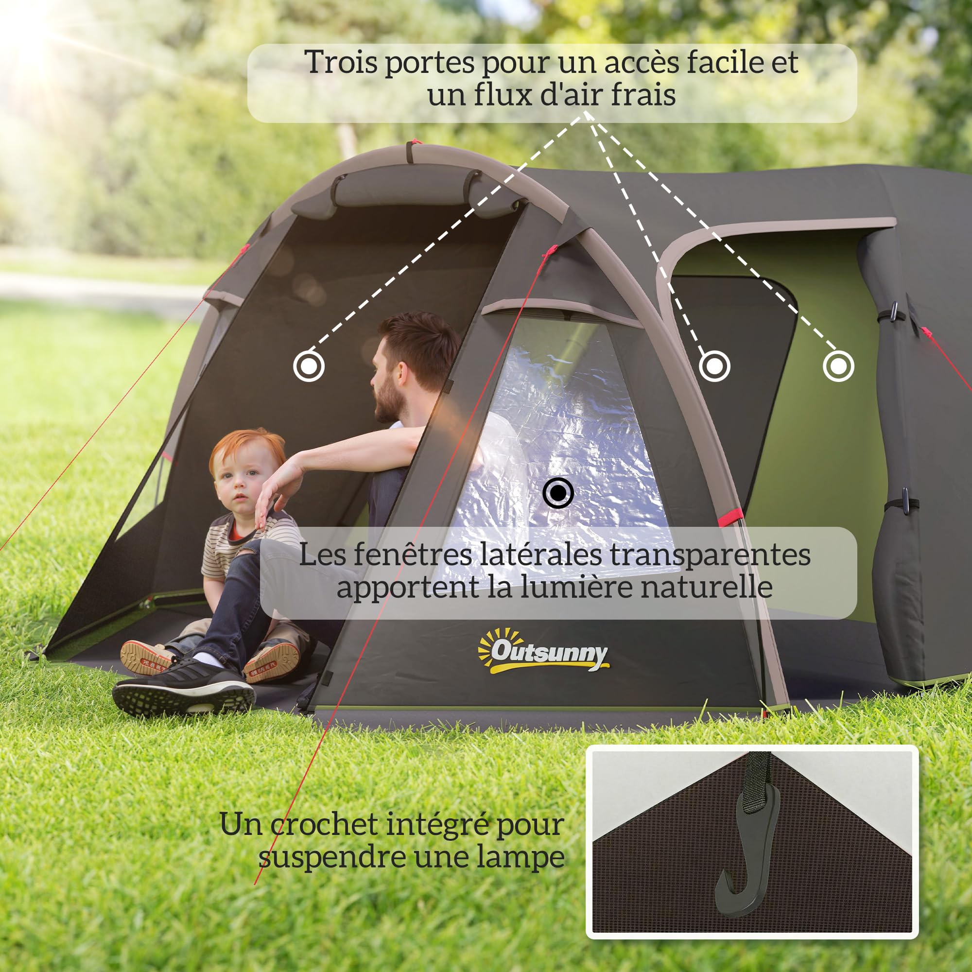 Outsunny Tente de Camping familiale pour 2-4 Personnes, Tente Tunnel imperméable 3000 mm avec 3 Portes, fenêtres, Sac de Transport, pour Camping Voyage randonnée Jardin, Noir