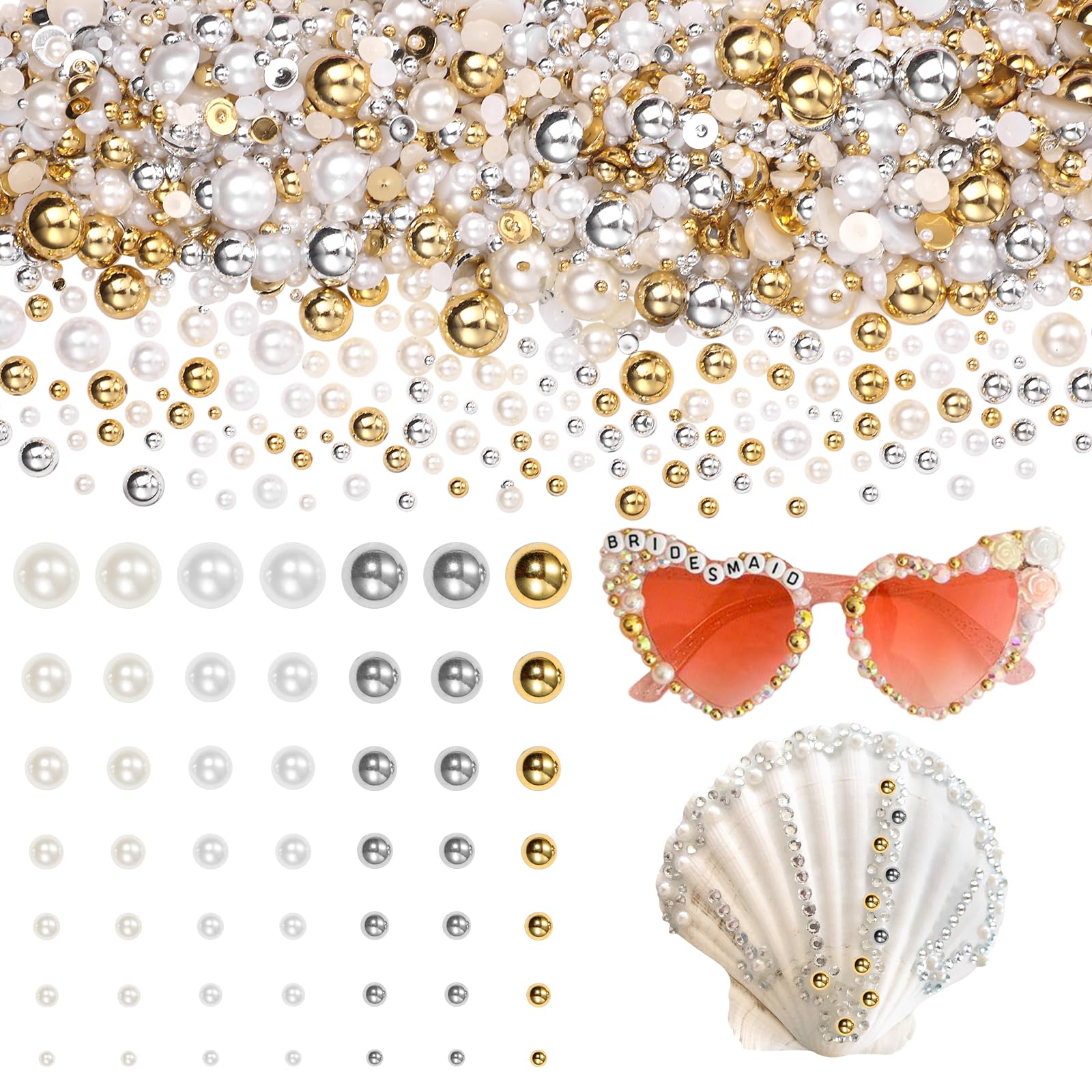 60g Half Pearls for Crafts, Gold Silver White Beige Nail Pearls for Nail Art, Pearl Nail Charms Small Half Pearl Beads for DIY Nail Art Face Makeup