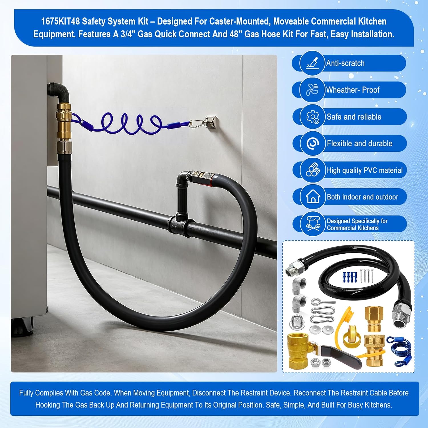 1675KIT48 Commercial Gas Hose Connector Kit, 48" Mobile Gas Line kit with 3/4" Quick Disconnect, Full Port Gas Valve & Flex Hose, Quick Connect Safety System for Commercial Kitchen Equipment