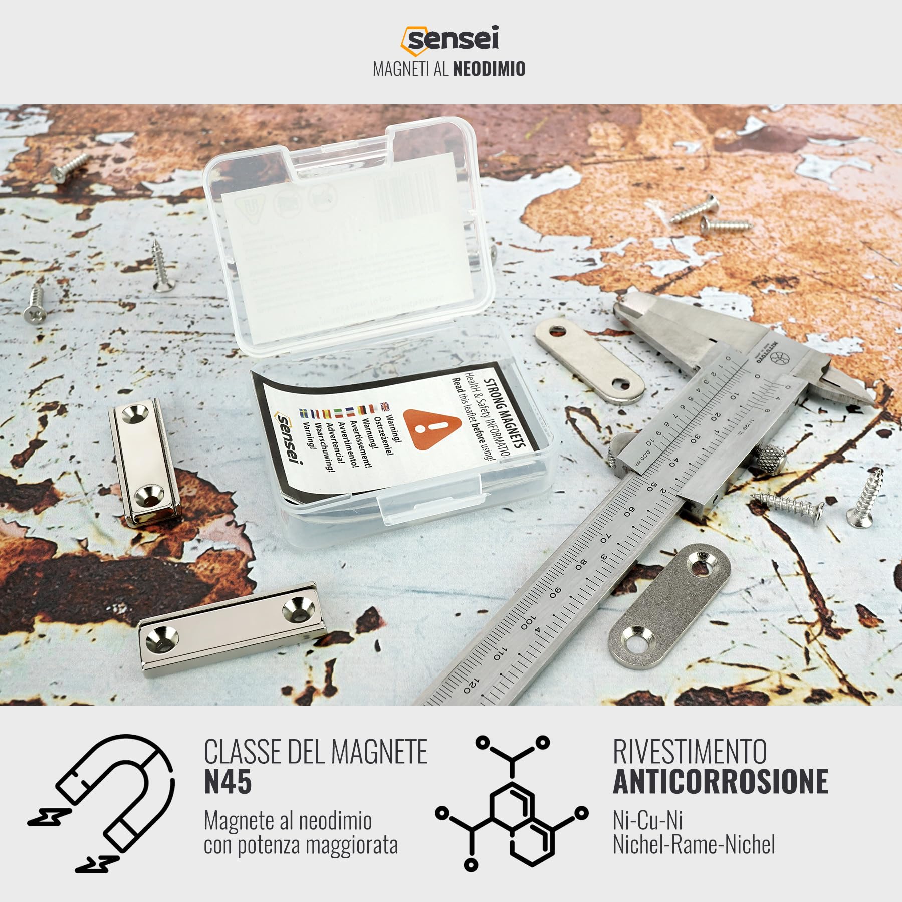 Sensei 2 pezzi Magnete rettangolare al neodimio 40x13,8x5 mm con fori per viti, capacità di carico 15 kg + 2 rondelle in acciaio + 8 viti incluse