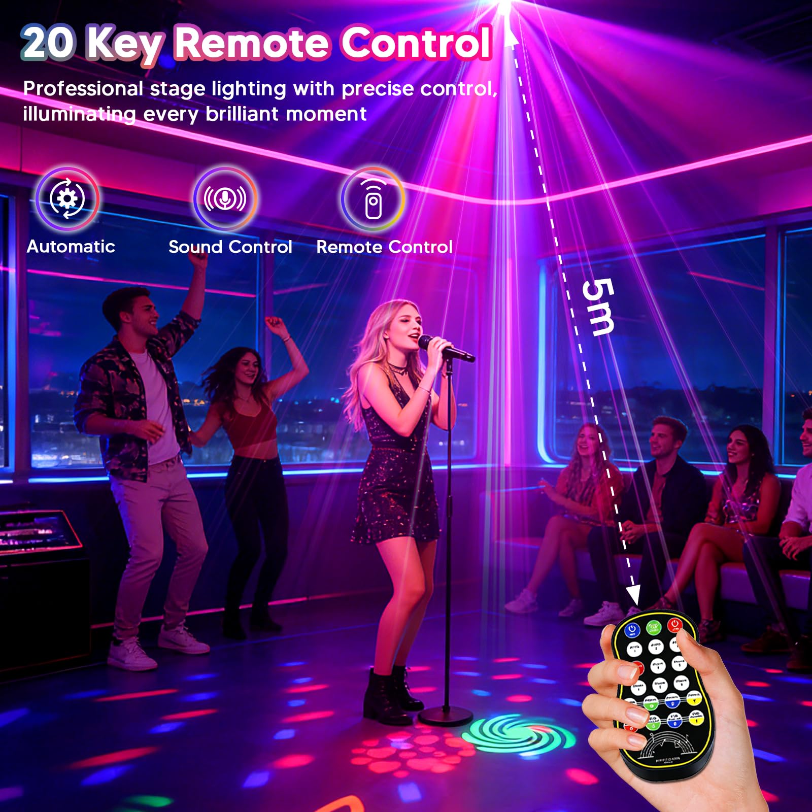 Luci da Palcoscenico Discoteca,YAZEKY 60 Motivi RGB Luce della Festa Della Discoteca,3 in 1 con Effetto UV, Luce Stroboscopica Discoteca Attivata dalla Musica USB Girevole a 360° (Red&Green, YSH-437)