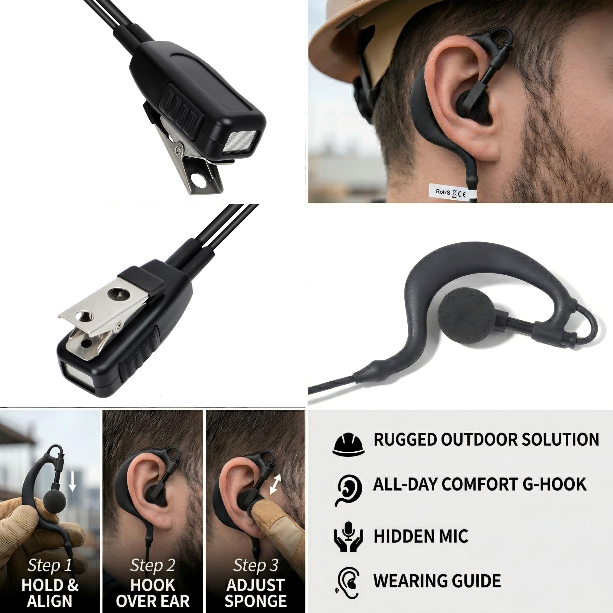 HYS Radio Earpiece Compatible with MOTOROLA R7, R7a, MXP600, APX, N30, N50, ION et al., Clear Acoustic Tube, Headset with Microphone, Black Cable (KH07H1-R7) — view 3