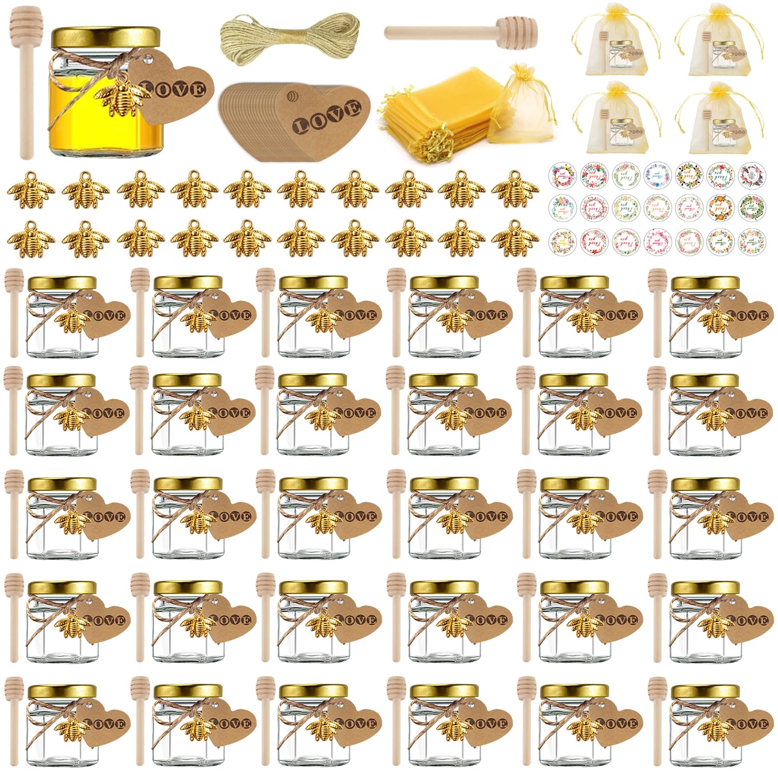 30 pièces de Pots à Miel Verre,Mini Pots À Miel En Verre Hexagonaux de 45 ml avec couvercle à vis,pot miel en verre hexagonal,couvercles dorés,pendentifs abeilles,sacs en gaze