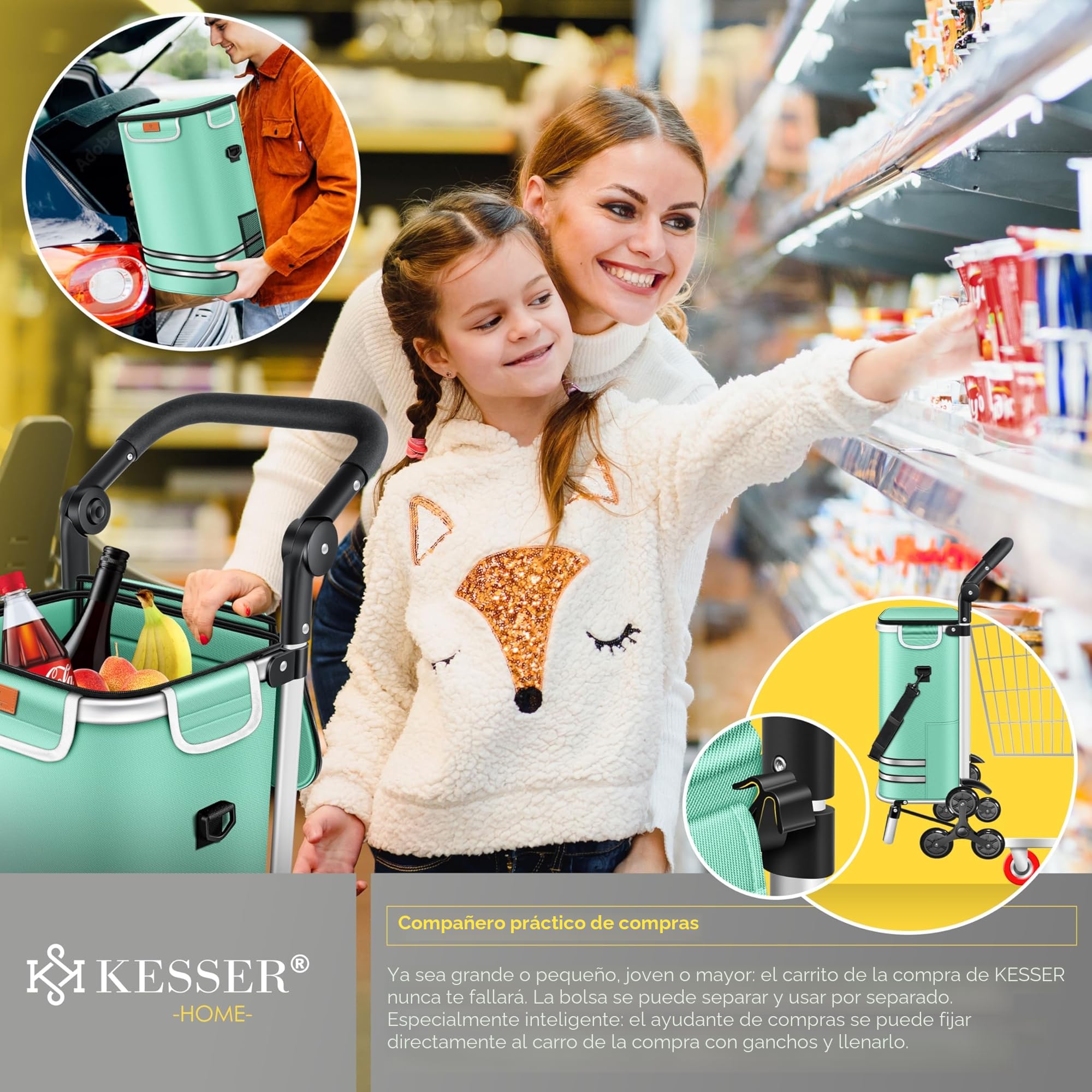 KESSER® Carro de la compra- Carro de la Compra con Compartimento Frigorífico, 56L de Capacidad, Capacidad de Carga hasta 50kg, 3en1 Carro y Bolsa bandolera, incl. Chip de compra, Plegable, Verde Menta