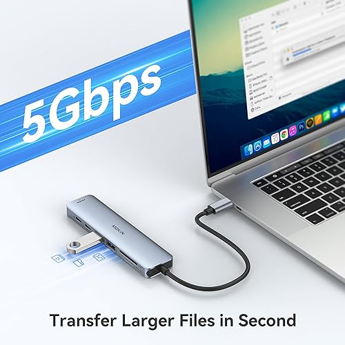 Vista 5 de Adaptador HDMI USB C Hub para MacBook Pro/Air, MOKiN 7 en 1 USB C Dongle con HDMI, lector de tarjetas SD/TF, puerto de datos USB C, 100 W PD y 2 USB