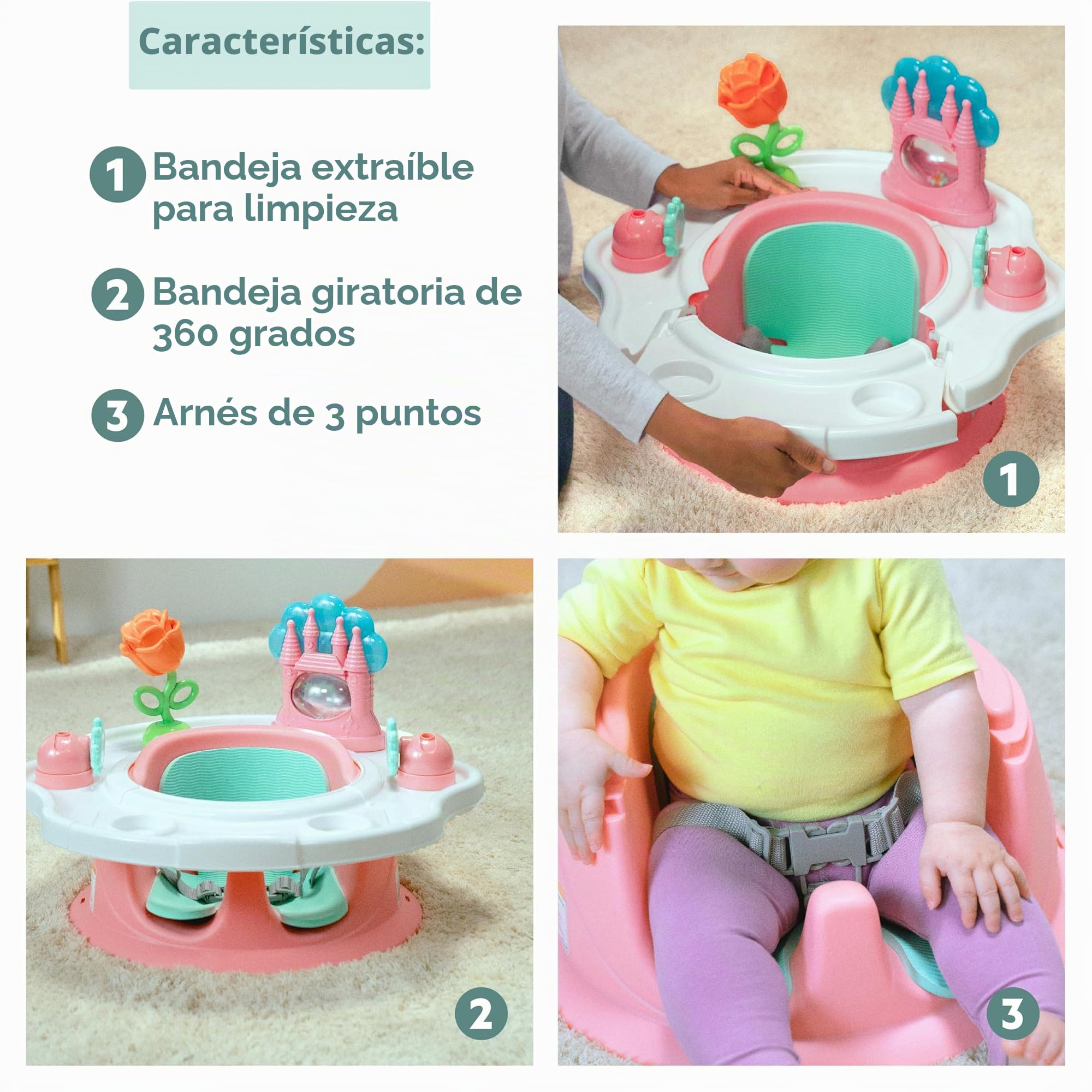 Bright Starts, SuperSeat Disney Princesas, Silla para Bebés para Sentarse, Jugar y Comer, Rosa, Para 4 Meses a 4 Años