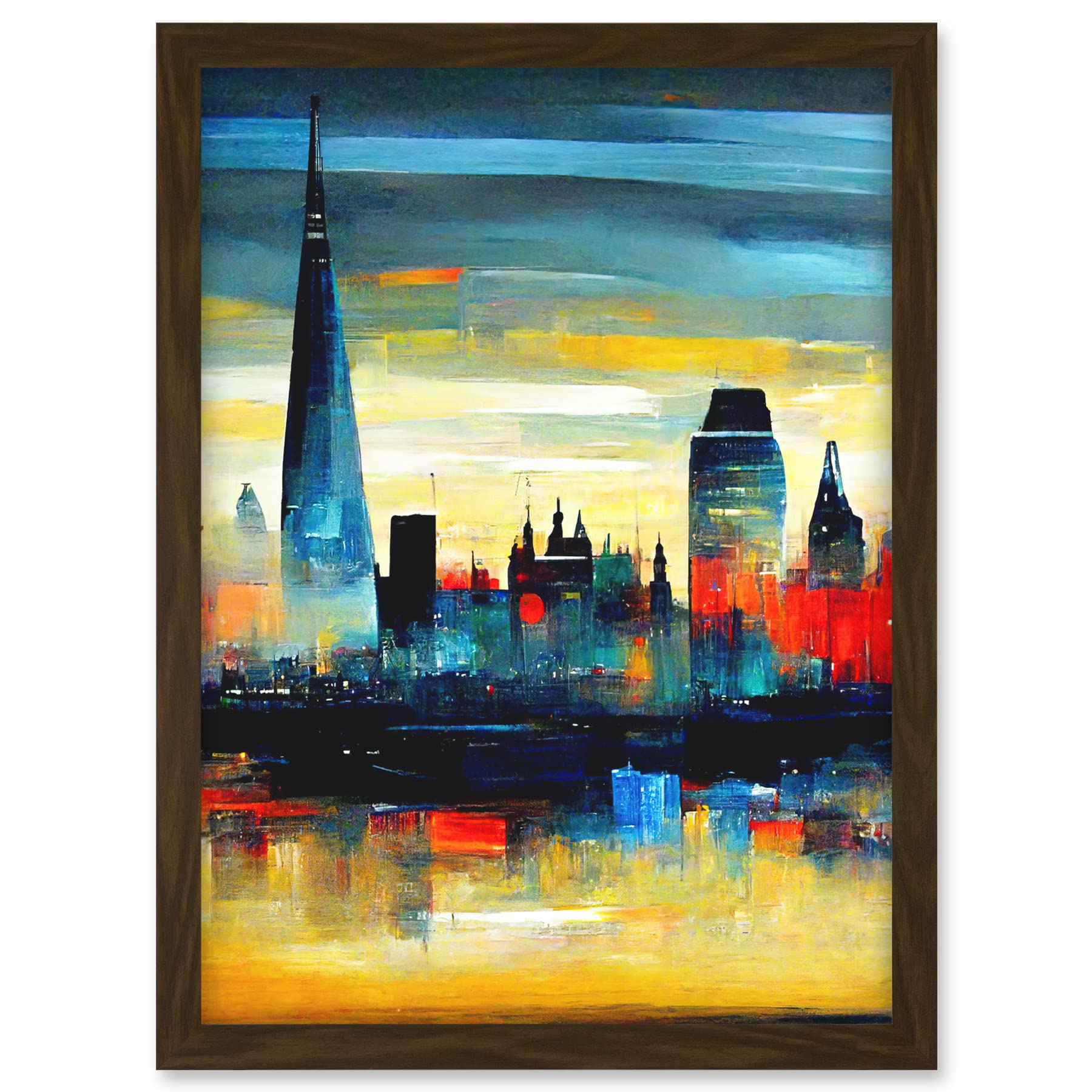 Doppelganger33 LTD London Skyline Reflecting On River Thames Modern Oil Paint Artwork Framed A3 Wall Art Print