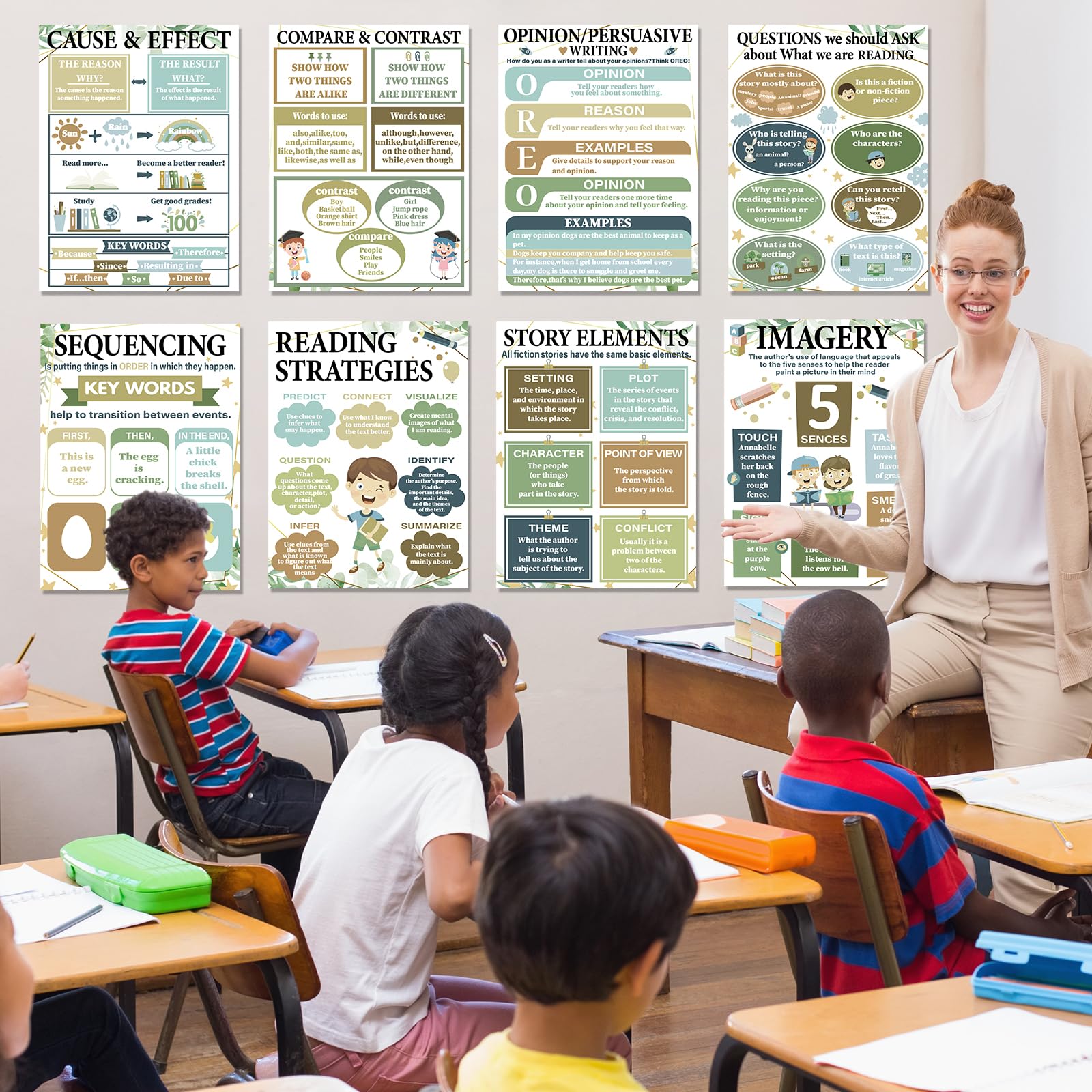 CHUNNIN 16Pcs Eucalyptus Reading Comprehension Poster for Classroom Decoration Sign Greenery Motivational Educational Literature Genre Bulletin Board Chart for Elementary Middle High School Wall Decor - Image 4