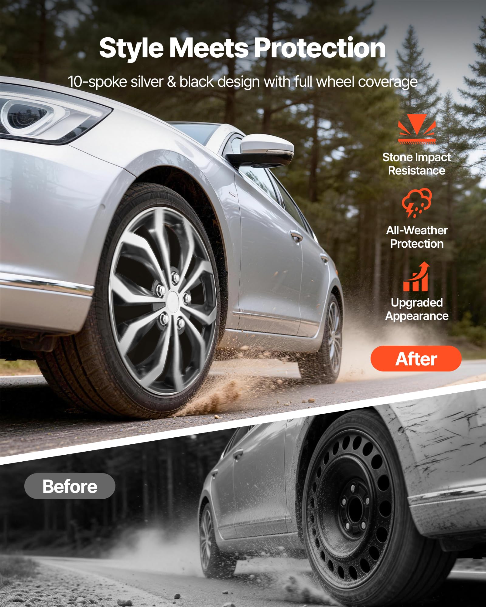 VEVOR Hubcaps Wheel Covers, 16 Inch Set of 4 Wheel Rim Cover Hubcaps OEM Replacement, R16 Size Snap On Car Hub Caps, Universal 10-Spoke ABS Tire Rim Caps for Hyundai Chevrolet Ford Honda, Silver/Black - 5