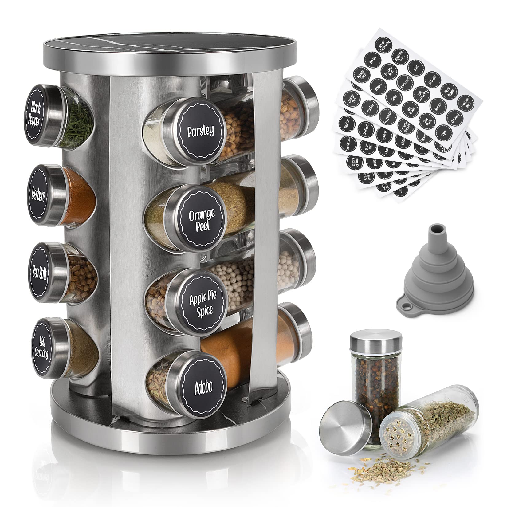 Rotating Spice Rack Organizer with 16 Empty Spice Jars, 135 Spice Labels with Funnel Complete Set, Seasoning Organizer for Cabinet, Revolving Spice Rack for Countertop(Imitation marble pattern-16jars)