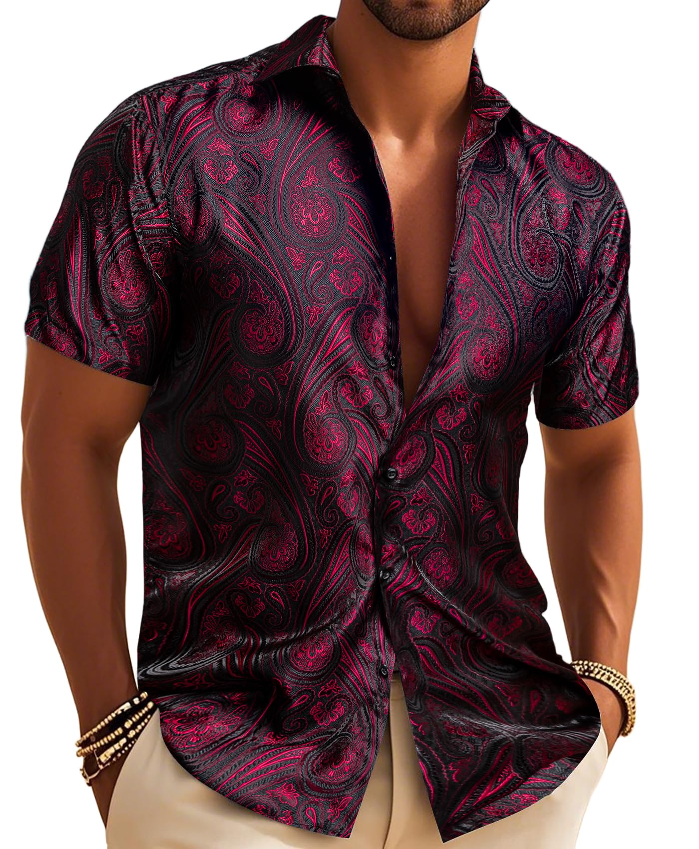 Men's Silk Shirt Paisley Floral Jacquard Short Sleeve Button Down Dress Shirts Formal Casual Wedding Party