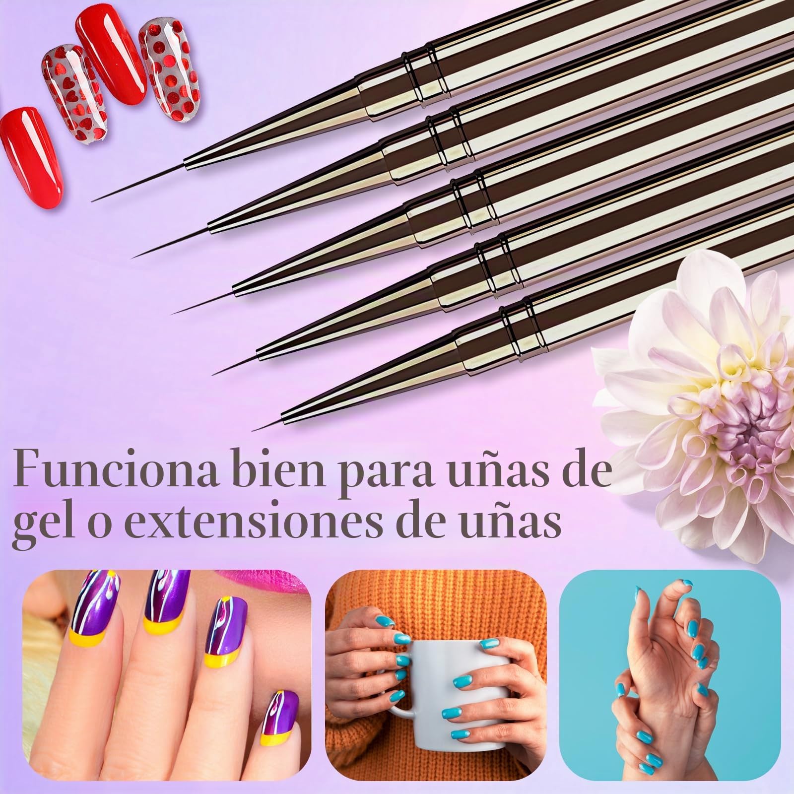Lokaloka 6/9/12/15/18mm Pinceles para Uñas Fino de Gel Nail Art Decoracion con Tapa, 5 Piezas Pincel Semipermanente Acrilica Profesional Construcción Kit Manicura Francesa Set