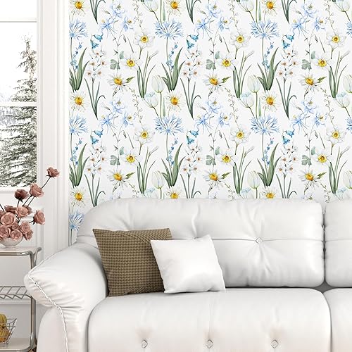 Papel tapiz floral para despegar y pegar, papel de contacto con margaritas blancas, papel tapiz floral bohemio de 17.5 x 118 pulgadas, papel de