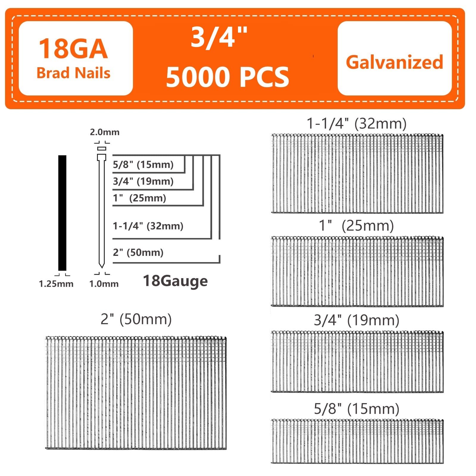 Clavos galvanizados de calibre 18, cabeza en T marrón de 3/4 pulgadas, paquete de 5000, clavos pequeños para pistola neumática y eléctrica de 18 GA