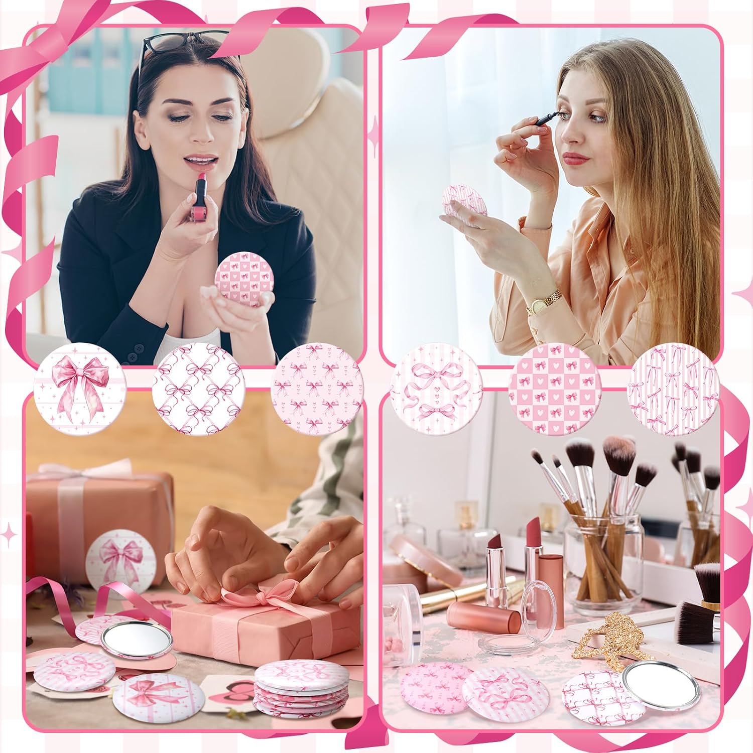 Geelin 12 Pcs Pink Compact Mirror Bulk Bow Party Favors Coquette Aesthetic Mini Mirror for Purse Pocket Women Girl Birthday Wedding Bridal Show(Pink Bow)