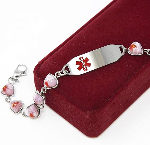 Medical Bracelet For Women With Free Engraving, Pink Glass Stainless Steel Personalized Medic ID Custom Sized Alert