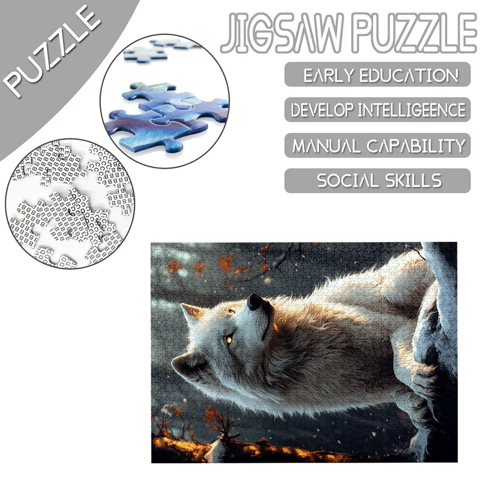 Puzzle dla dorosłych 3000 sztuk, puzzle 3000 sztuk dla dorosłych, drewniana łamigłówka wymagająca gra z pudełkiem na prezent opakowanie do dekoracji domu sypialni prezenty dla kobiet, motyw: wilk