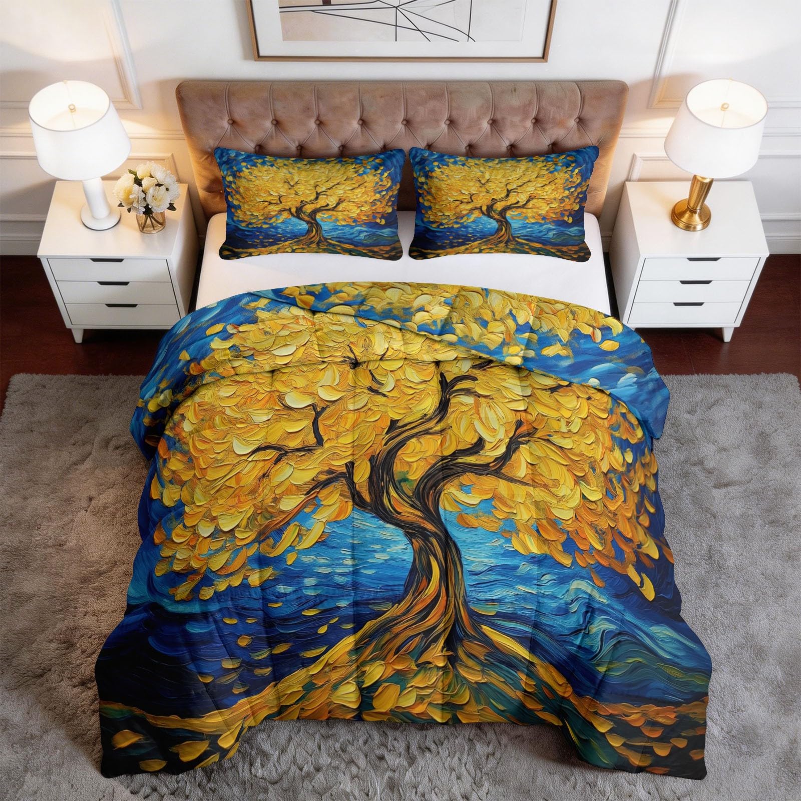 Edredón de pintura al óleo, árbol de la vida, hojas 240 x 260 cm, oro impresionista, edredón transpirable, multicolor, edredón transpirable, edredón y funda acolchada lavable