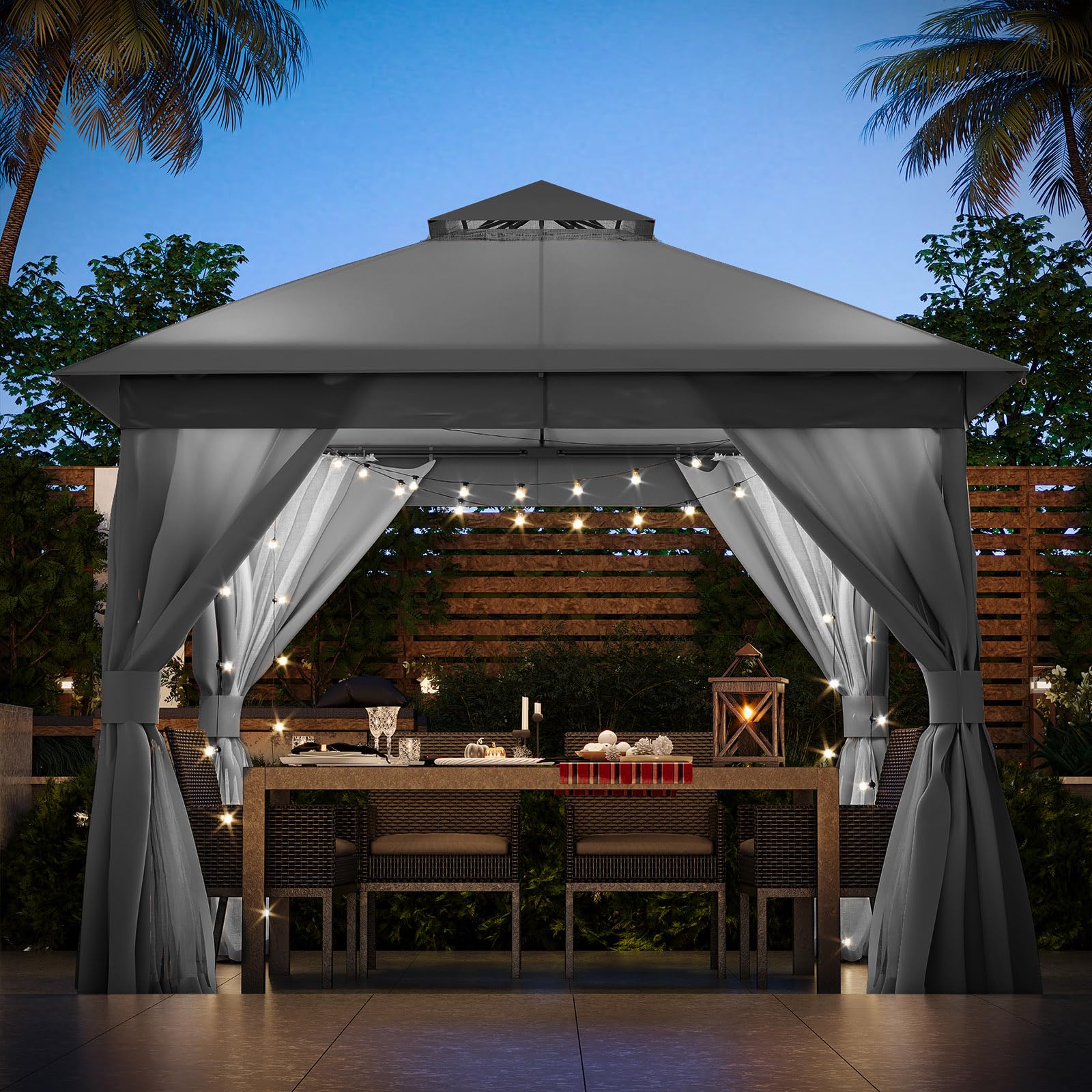 Pavillon Semi-Permanente Outdoor-Pavillon 3x3 m, Robuster Partyzelt-Unterstand mit Doppeldach, Moskitonetzen und Sichtschutzwänden für Hinterhof, Garten, Grau (Grau, 304.8 cm × 304.8 cm)