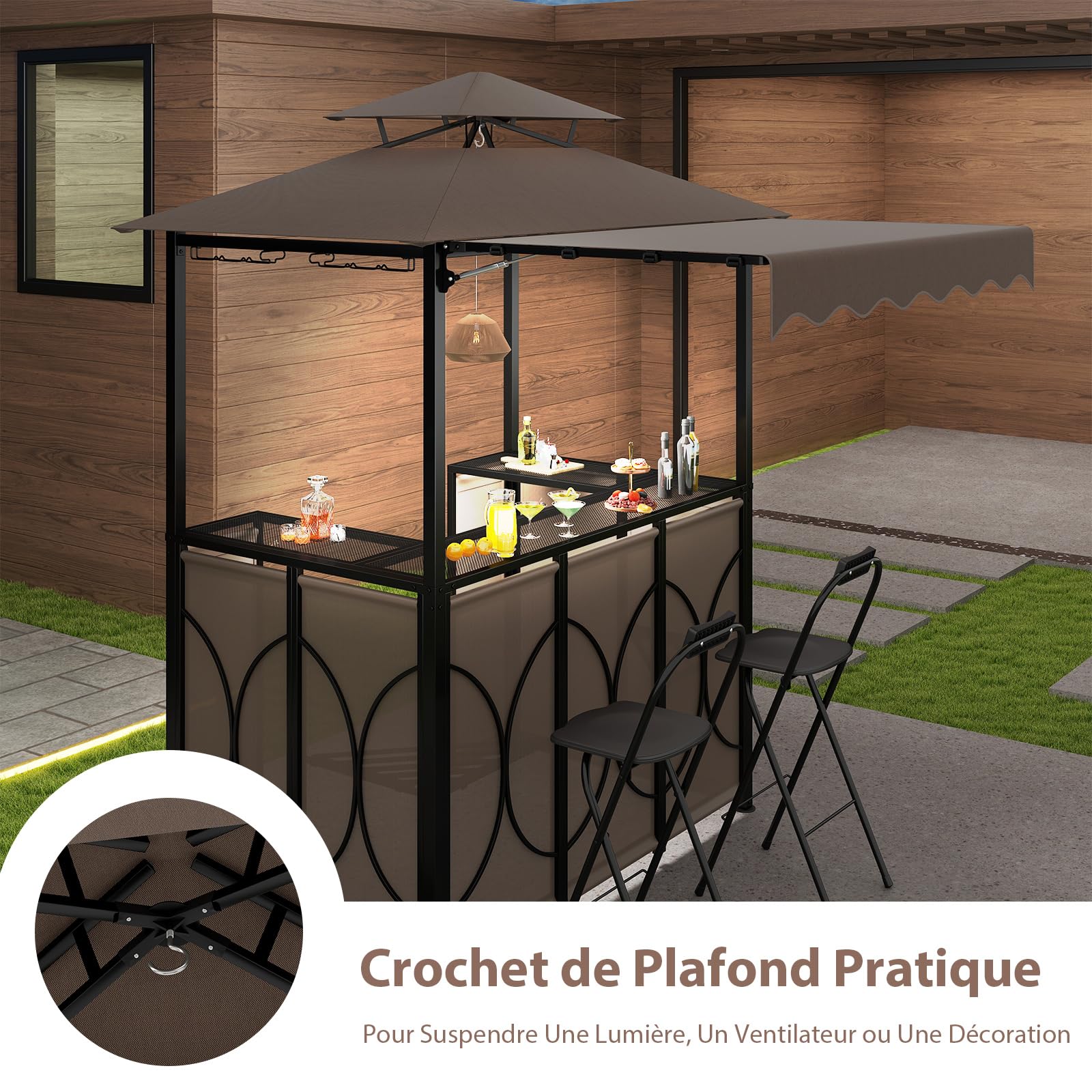 COSTWAY Tonnelle de Barbecue 3 Pcs Extérieur avec 2 Chaises Pliables Auvent, Ensemble de Bar de Jardin à Double Toit avec Table de Bar Étagères de Rangement en Métal, pour Jardin Cour (Marron)