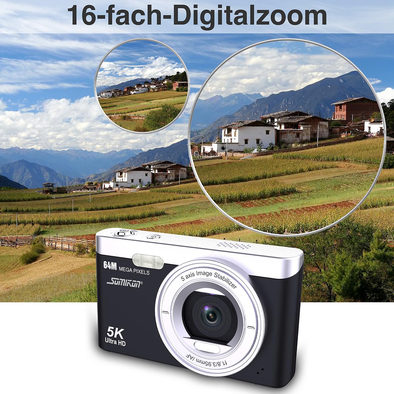 Somikon Fotocamera Digitale Compatta ZX8903 64 MP 5K Autofocus Zoom Digitale 16x