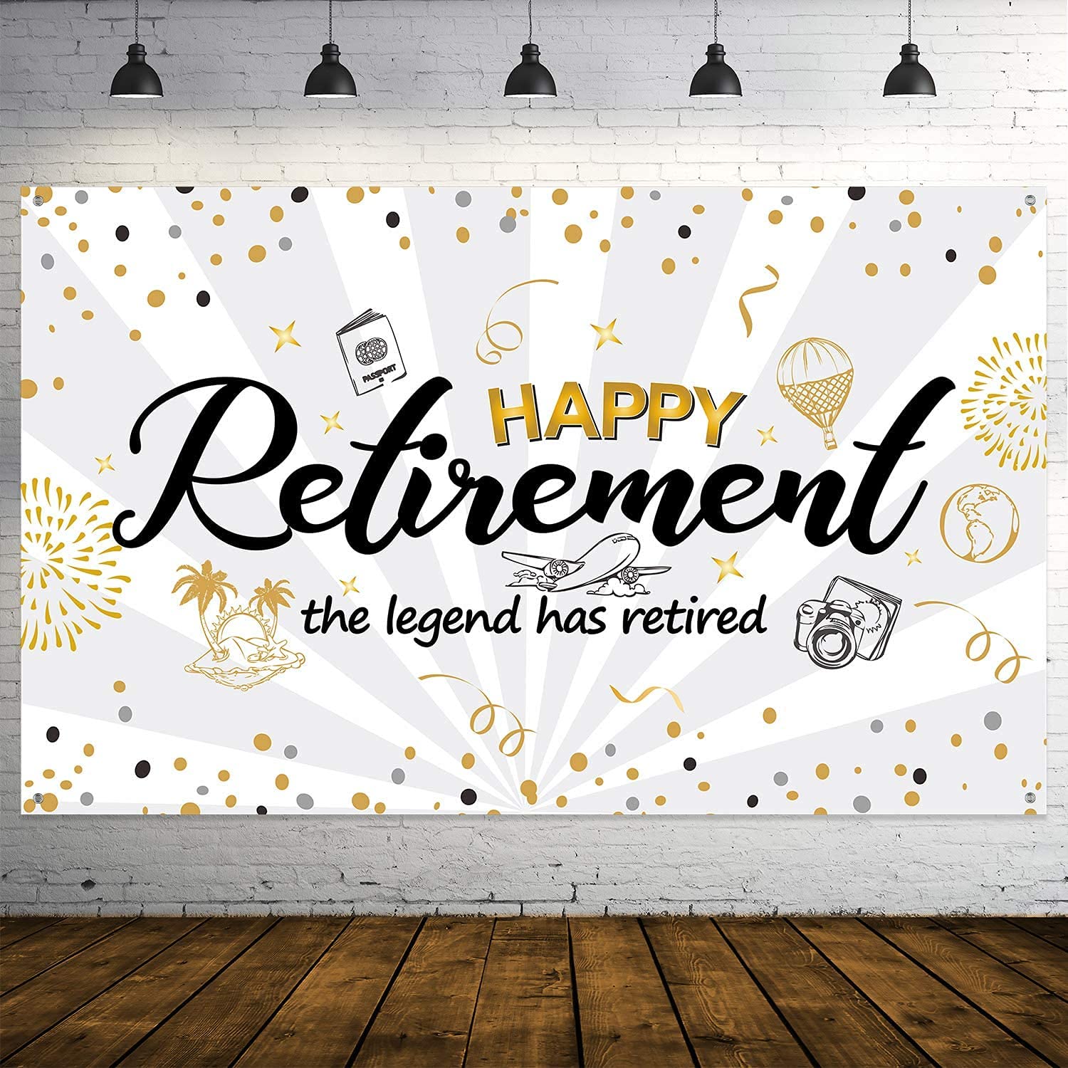Happy retirement party decorations in black and gold, evoking a hopeful celebration contrasted with the need for careful scientific balance