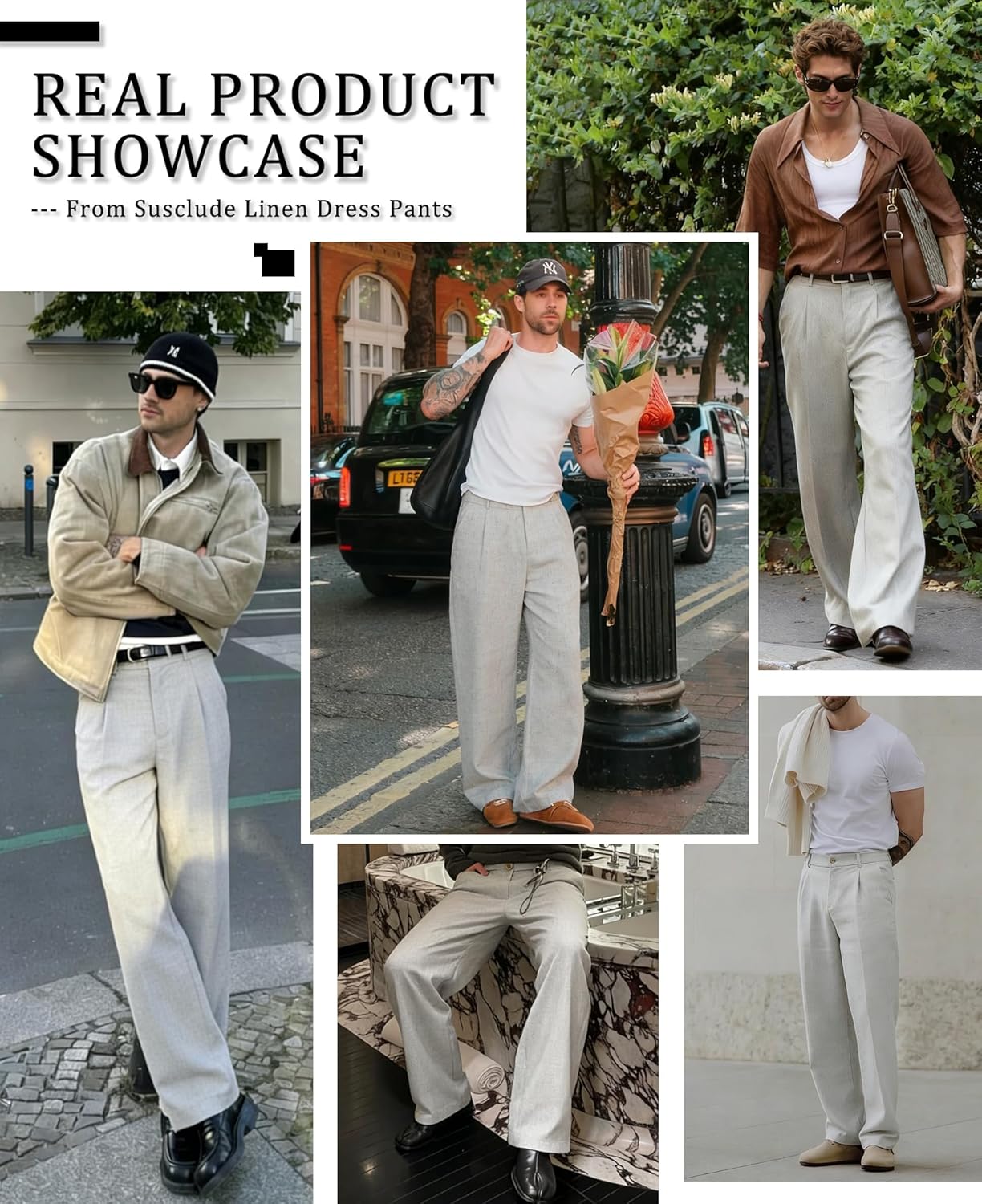 Susclude Mens Linen Casual Dress Pants Old Money Wide Leg Baggy Pleated Vintage Relaxed Fit Slacks Work Office Trousers - Image 6