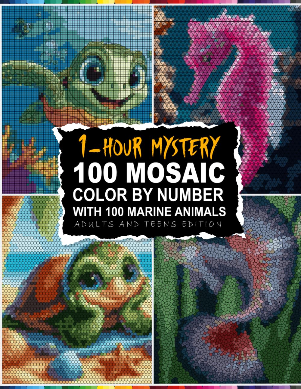 1-Hour Oceanic Mystery: 100 Mosaic Color By Number Marine Creatures in Varied Shapes Like Circles, Triangles & Hexagons – 30- Master Color Palette