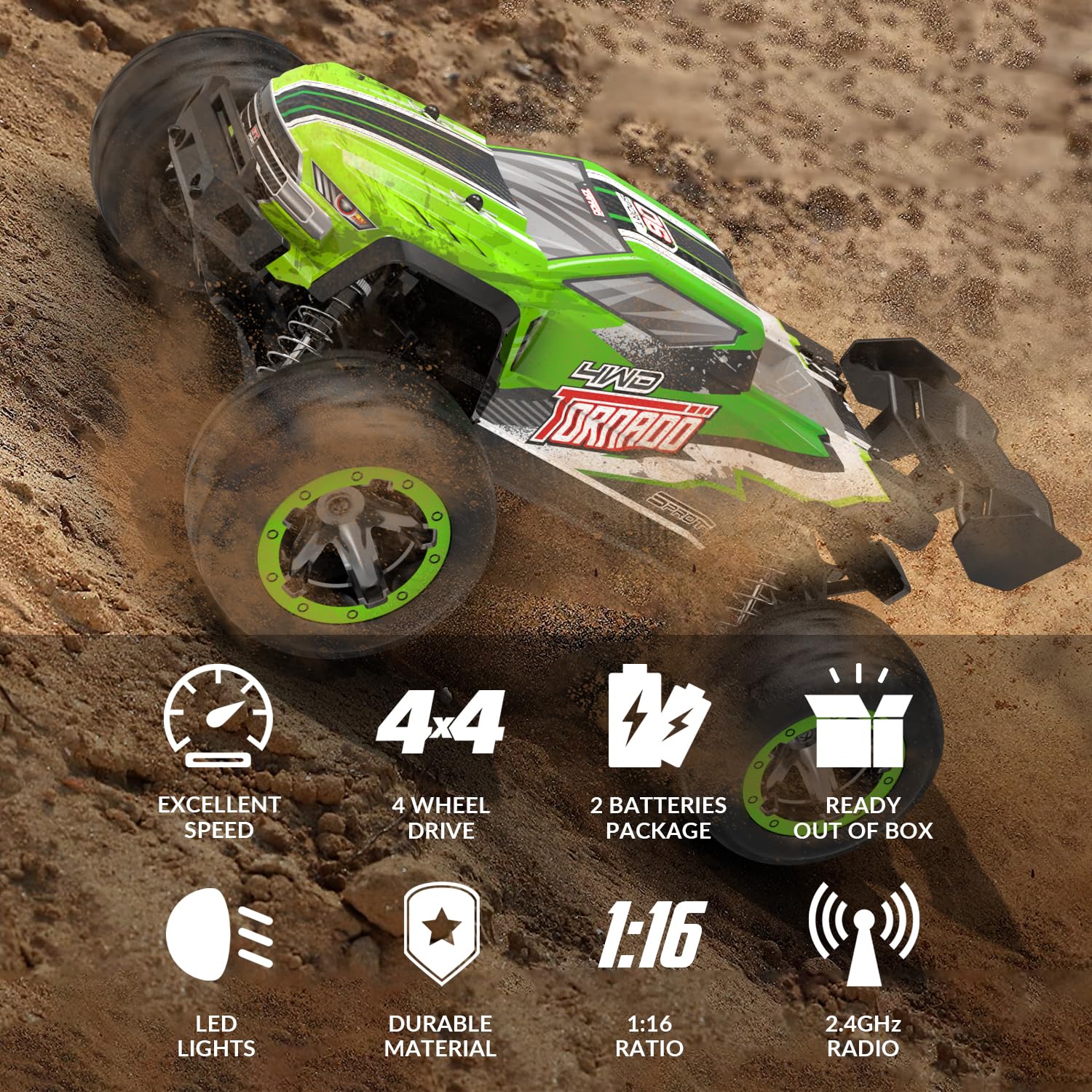 RACENT Auto telecomandata 1:16 con fari, auto RC 45 km/h 4WD monster truck, auto RC telecomandata 2,4 GHz, auto da corsa con 2 batterie, crawler RC, regalo per adulti e bambini (verde)