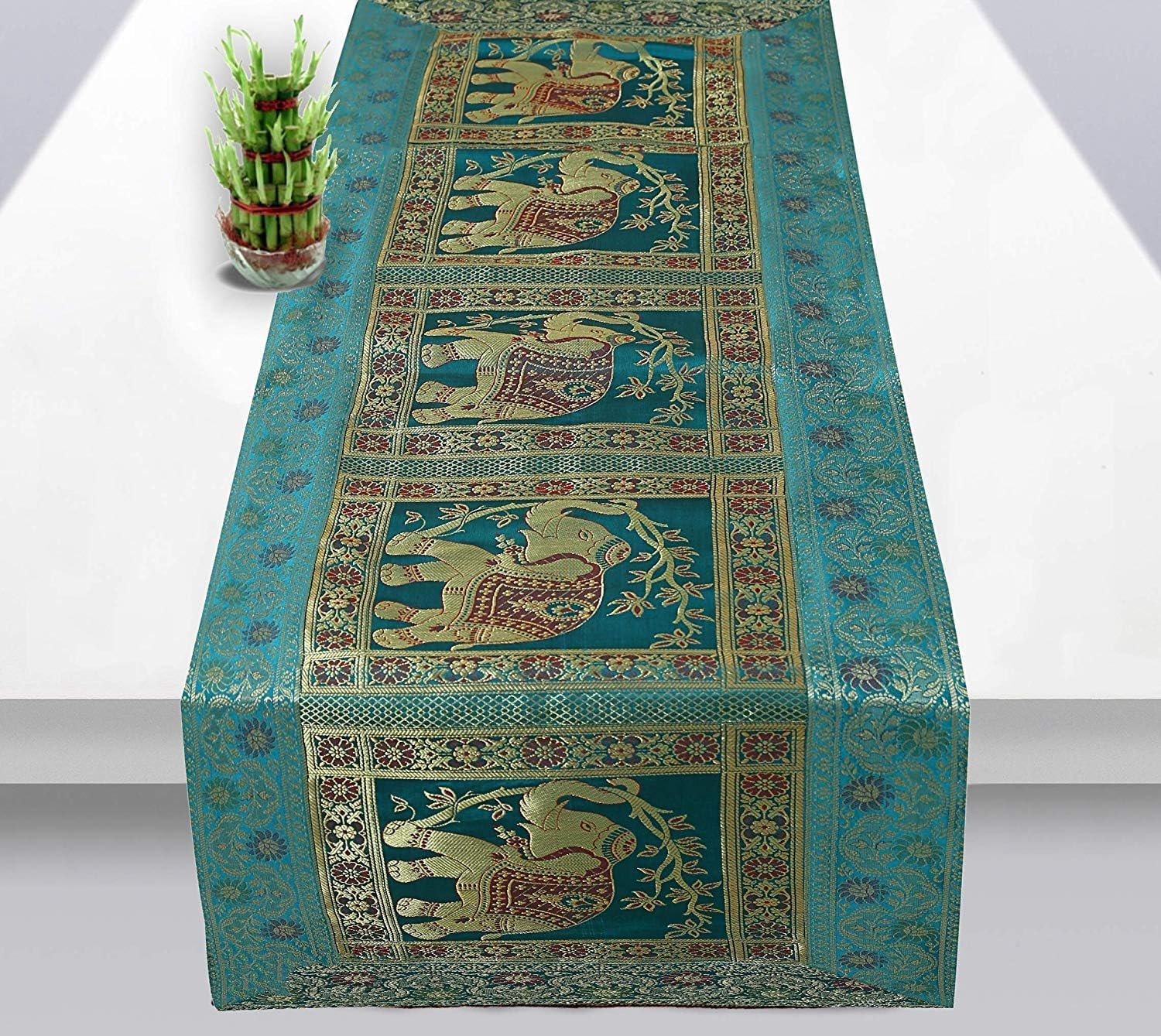 Radhy krishna fashions Rajasthani Hand Art Work Elephant Design Silk Table Runner & Tablecloth 60 x 16 Inch (Green)
