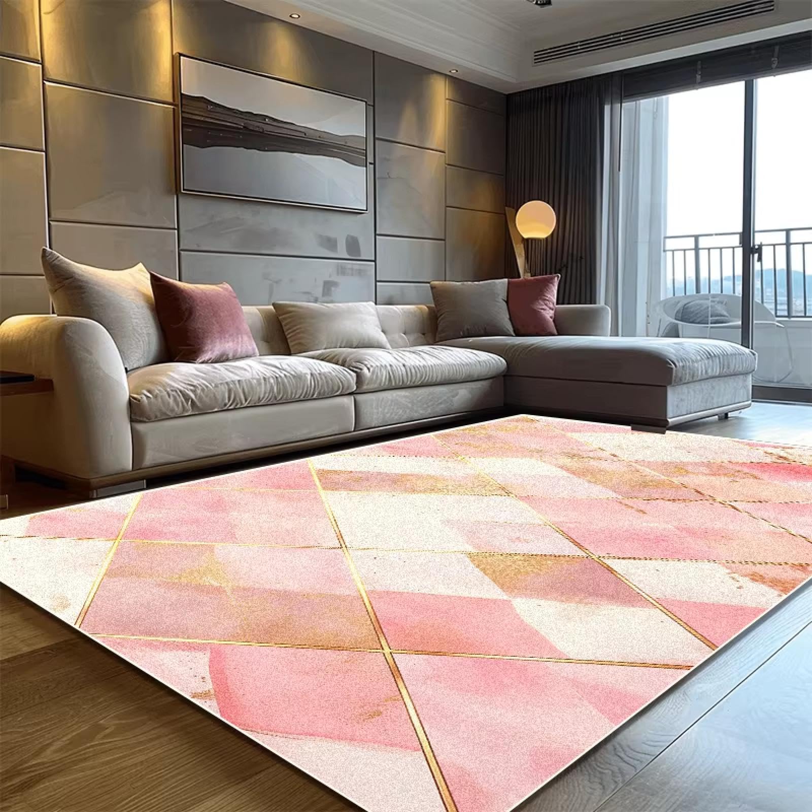 Alfombra geométrica rosa moderna con textura suave para decoración de salón