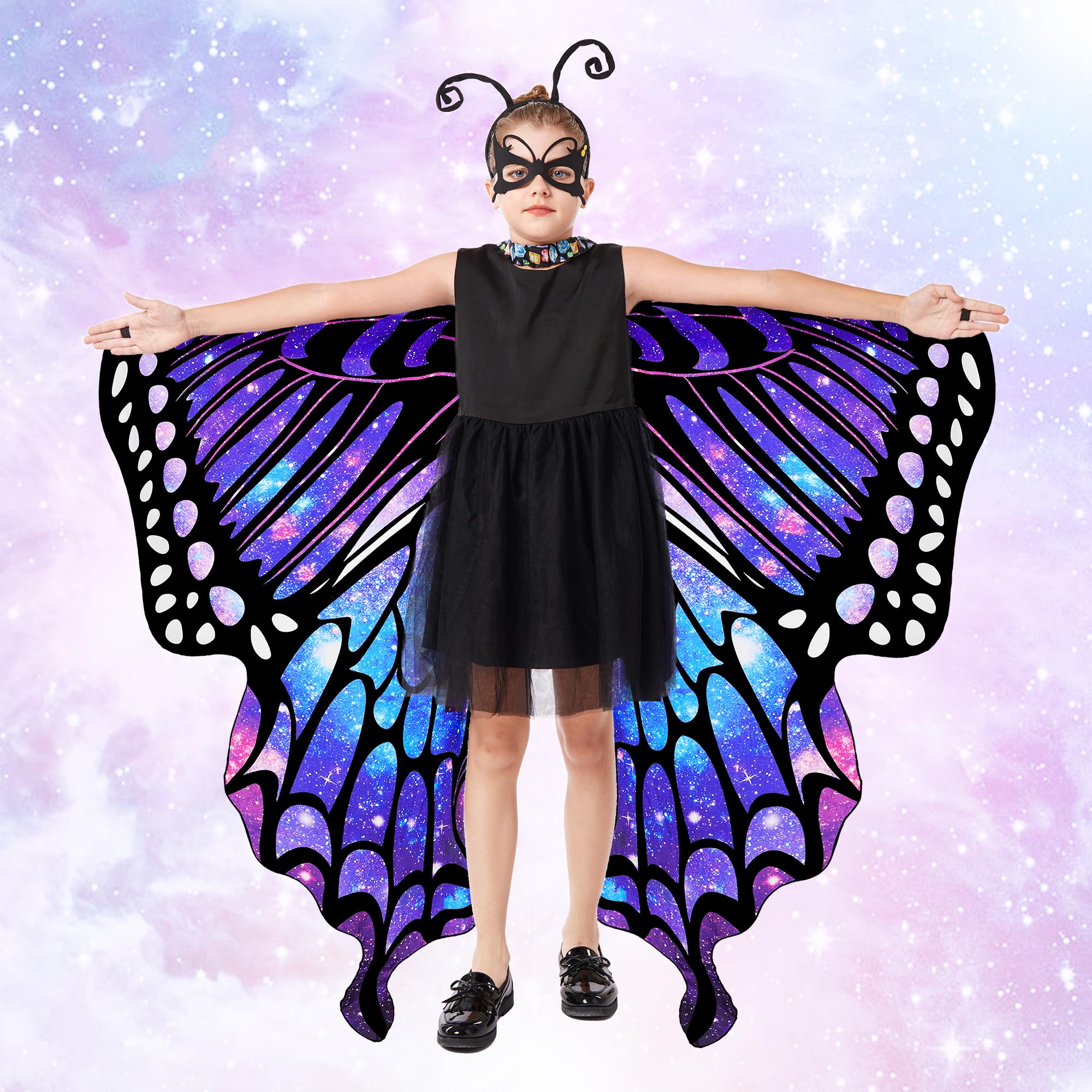 TibehaHalloween Butterfly Costume for Girls - Double-Sided Printing Wings Kids Cape with Mask, Antenna Headband, Hair Clips