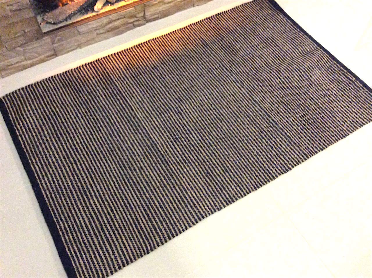 Eco friendly Striped Natural Jute and Recycled Cotton Navy Blue Handmade Washable Kilim Modern Dhurrie Rug 90x150cm
