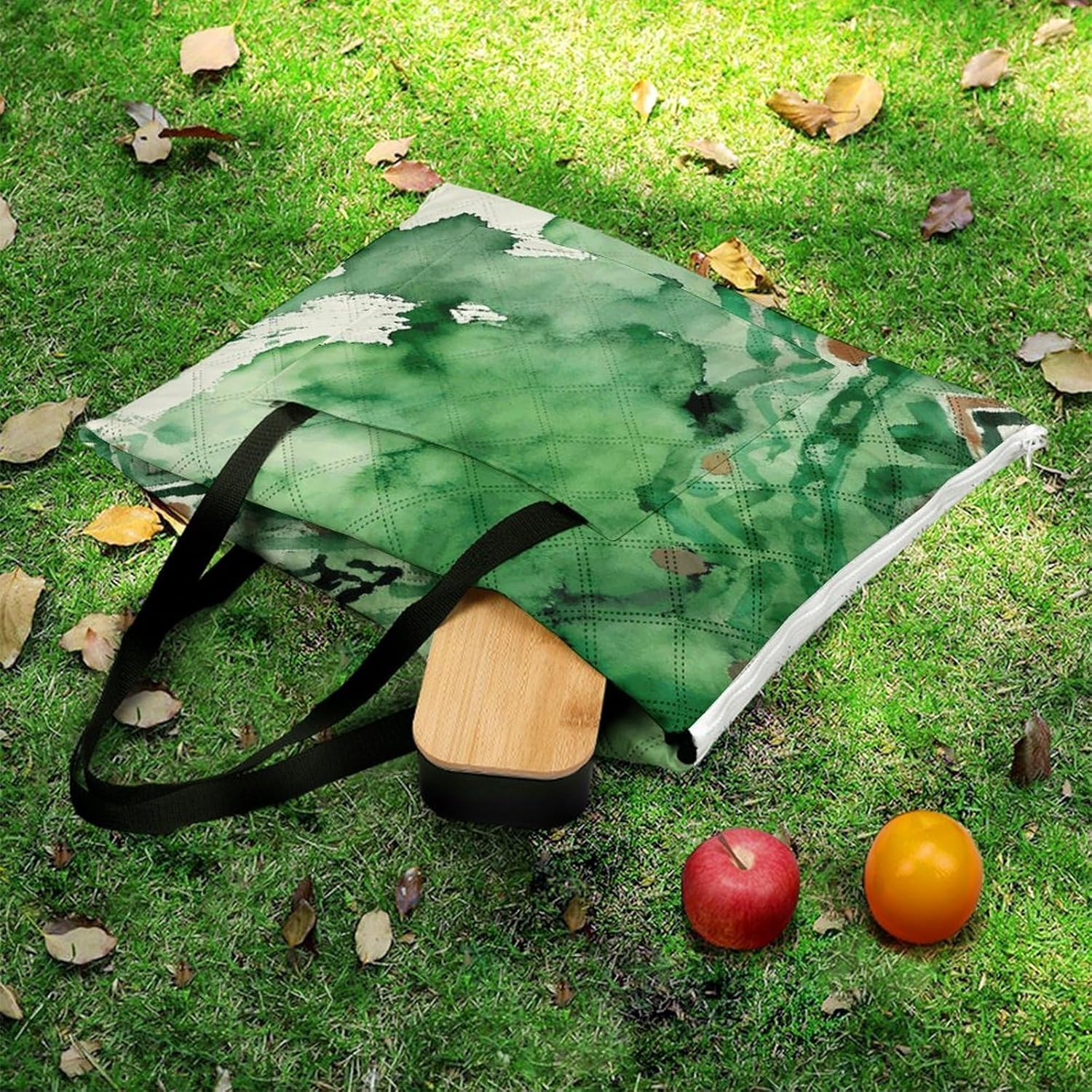 -Green Ethnic Print Picnic Blanket with Zipper Water Resistant Sand Free Picnic Mat Washable Foldable Easy Carry Beach Blanket for Lawn Beach Hiking Camping