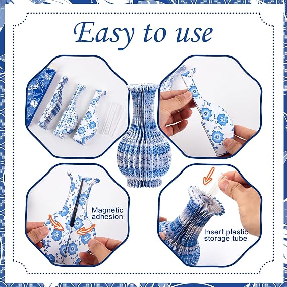 SUNBEAUTY 3 Pcs Blue and White Paper Honeycomb Vases, Mini Chinoiserie Vintage Paper Vase Set with Magnetic Closure, Chinese Style Table Centerpieces for Wedding,Baby Shower, Home & Party Decor