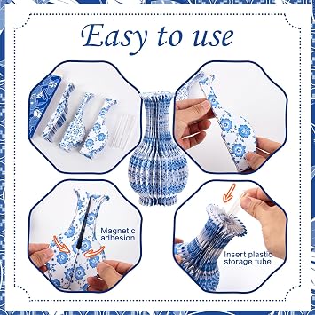 SUNBEAUTY 3 Pcs Blue and White Paper Honeycomb Vases, Mini Chinoiserie Vintage Paper Vase Set with Magnetic Closure, Chinese Style Table Centerpieces for Wedding,Baby Shower, Home & Party Decor