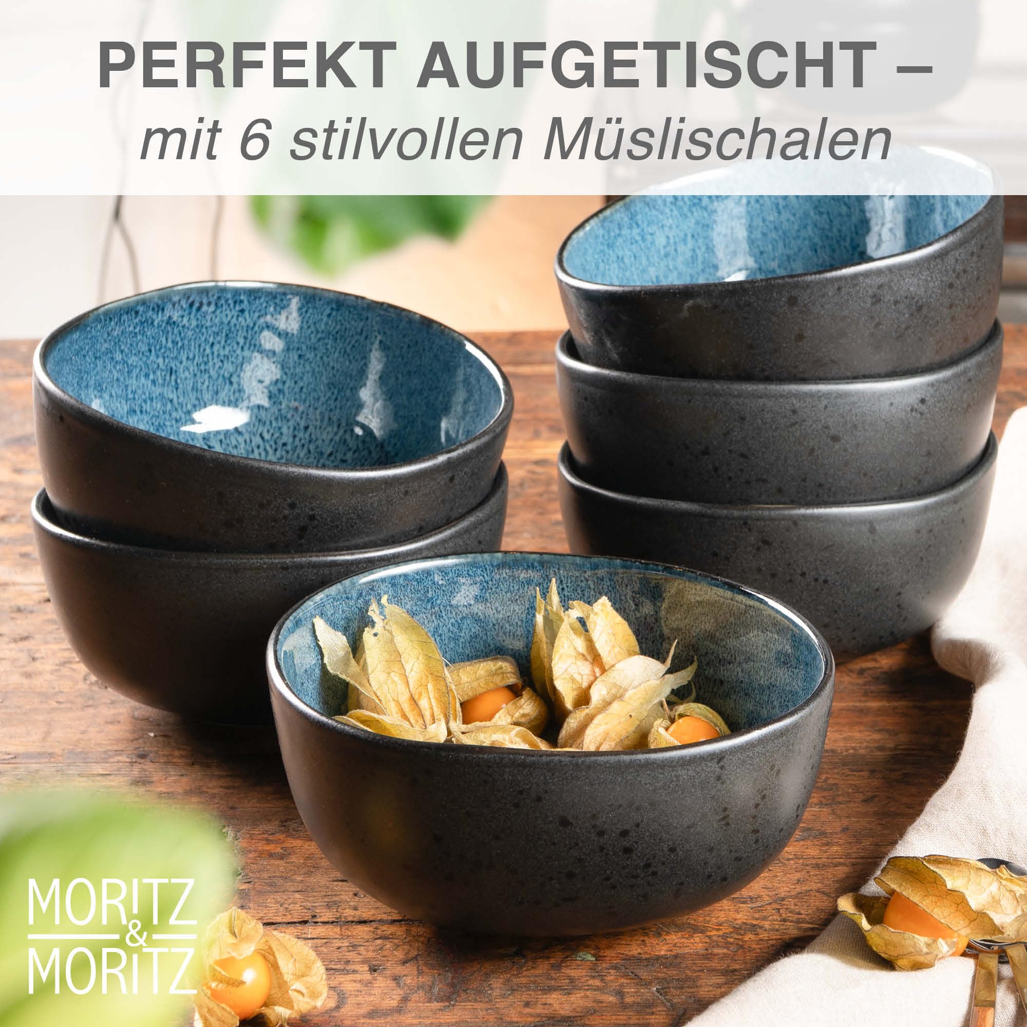 Moritz & Moritz ORGANIC Müslischalen Set 6-teilig Blau, Steingut Bowls im modernen Design, ca. 500 ml Füllmenge, einzigartiger Farbverlauf, robust und spülmaschinengeeignet