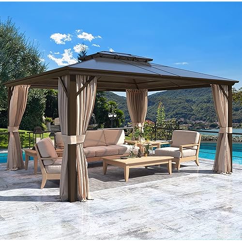 MELLCOM 12'x14' Hardtop Gazebo with Polycarbonate Double Roof, Aluminum Frame Outdoor Gazebo Permanent Pavilion with Curtains and Netting for Patio, Lawn & Garden