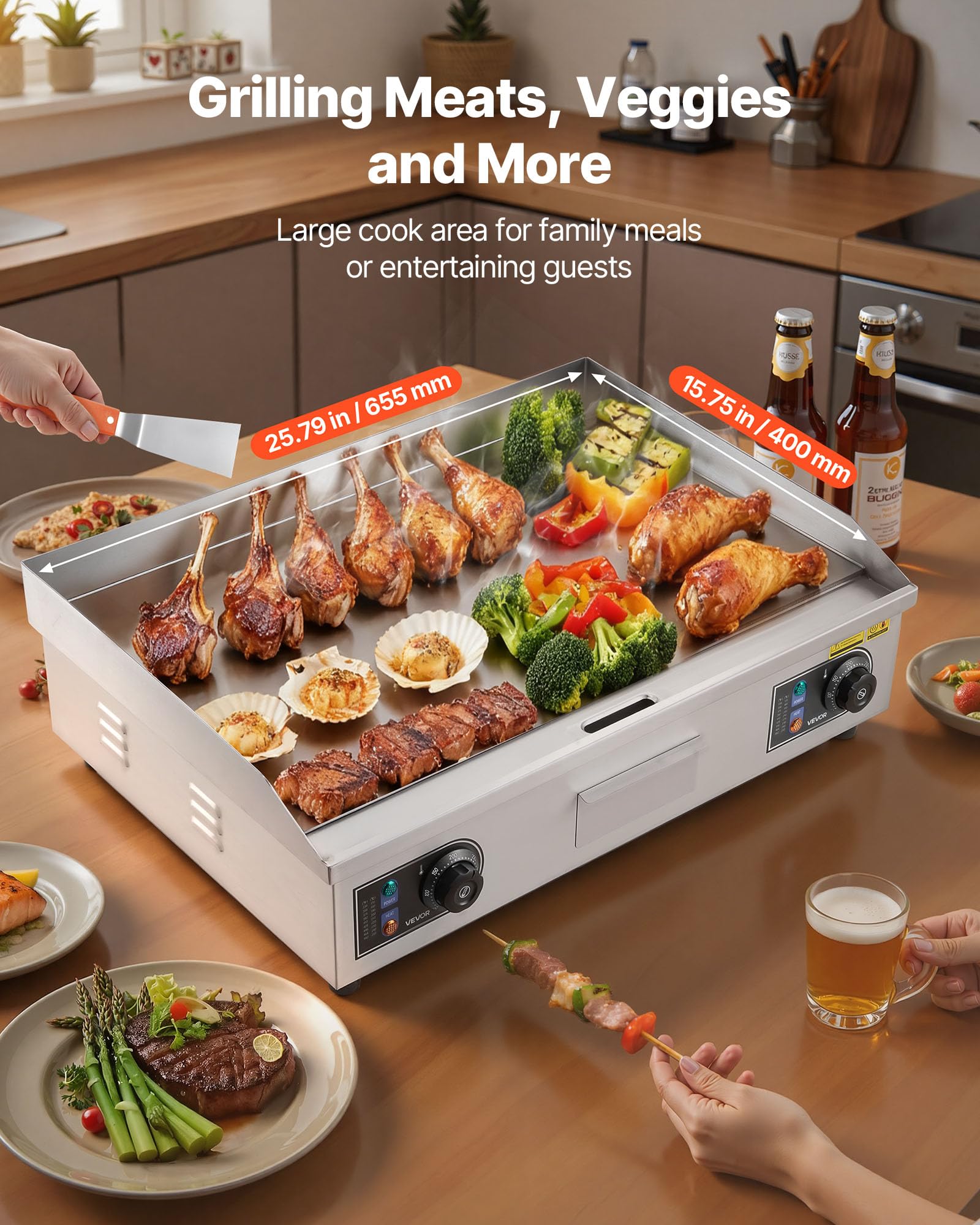 VEVOR Piastra per BBQ Elettrica Commerciale 655 x 400 mm 4000 W, Temperatura Regolabile, Griglia Piatta da Banco per Cottura BBQ Carne, Griglia da Banco con Accessori per Bistecche, Senza Spina