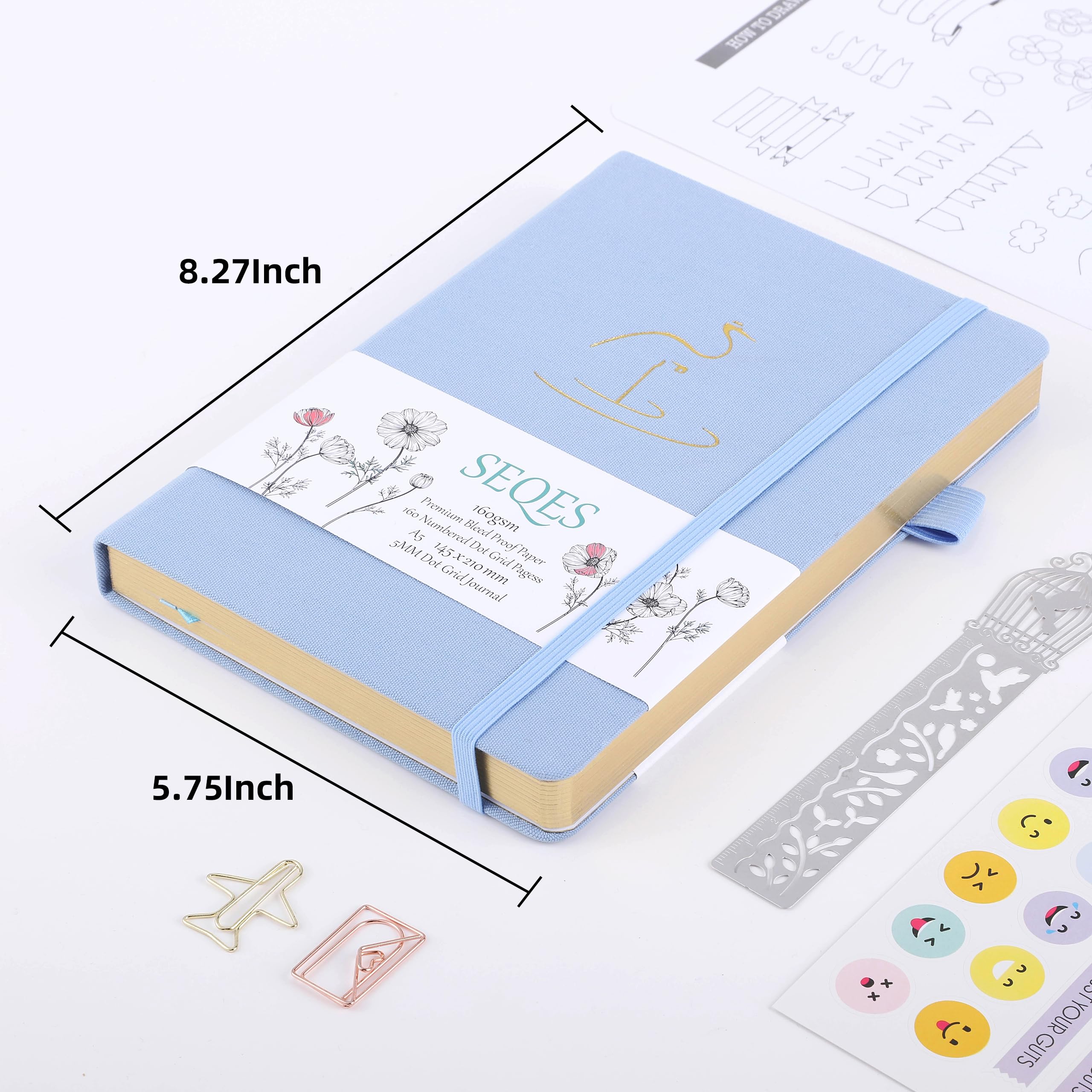 SeQeS A5 Bullet Dotted Journal Notizbuch, 160 g/m² dickes, druckfestes Papier, flache Bindung, 160 nummerierte Seiten, Hardcover, Punktraster, Notizbuch/Bullet Journals für Kreative und Profis (Crane)