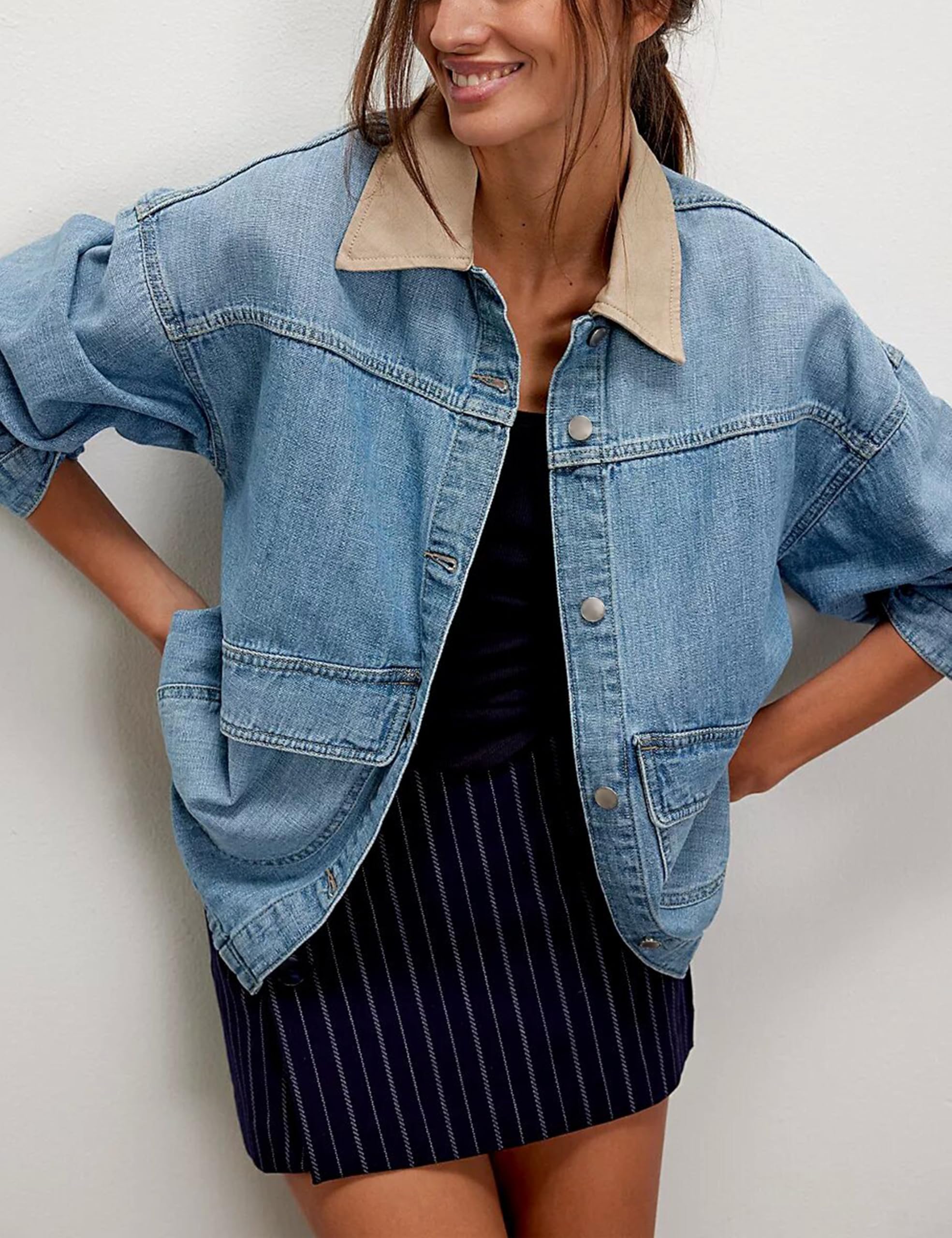 Lumister Chaqueta de mezclilla de gran tamaño para mujer con ribete de contraste, manga larga, con botones, abrigo de mezclilla con bolsillos