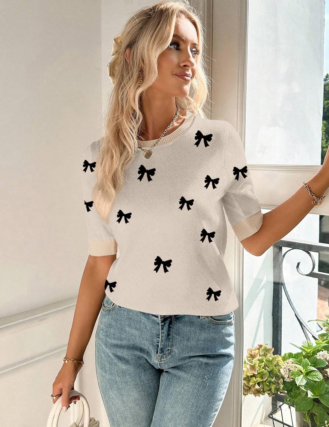 Zeagoo Women Short Sleeve Sweater Summer Crew Neck Dressy Casual Soft Knit Pullover Tops Trendy - Image 3