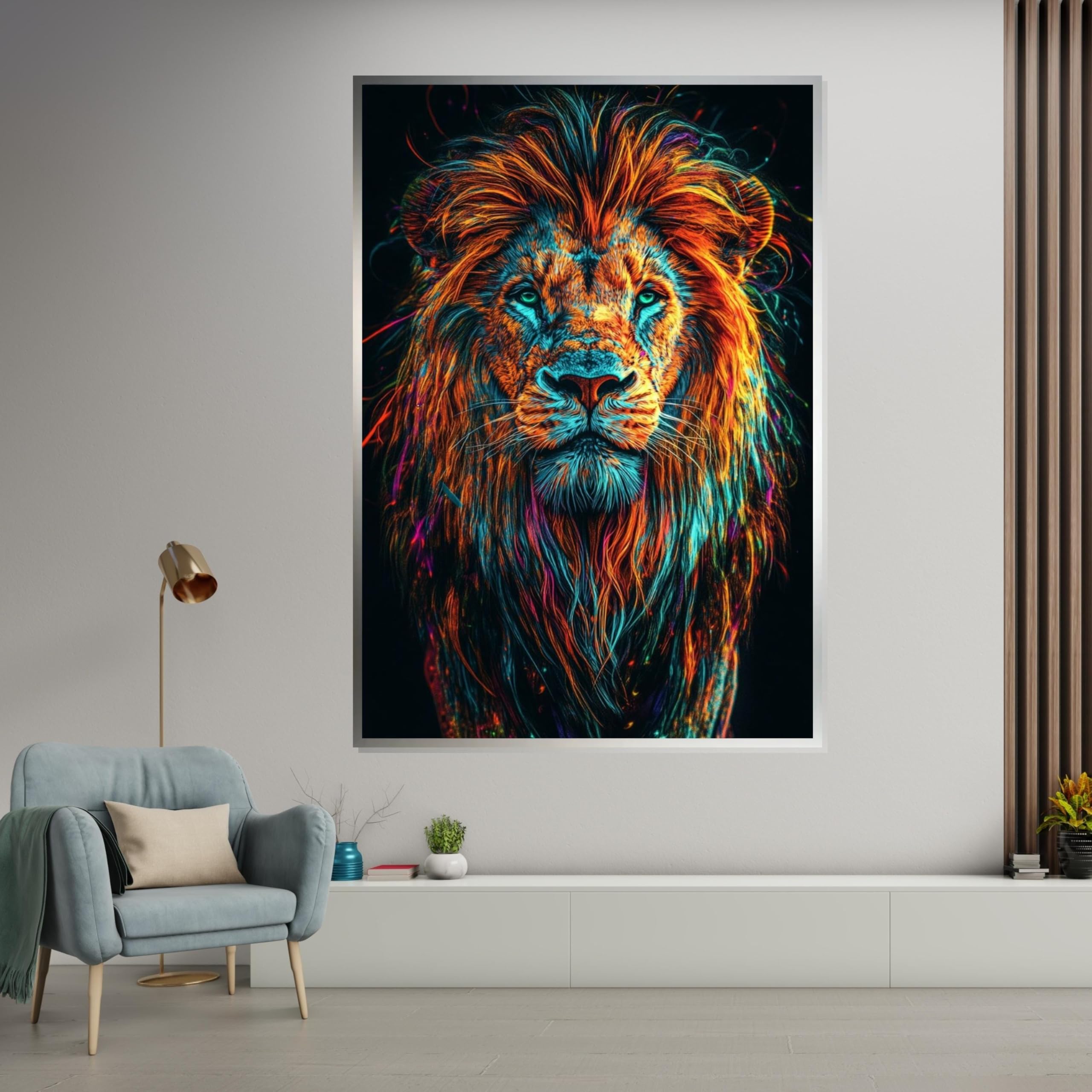 TONGYINLI Abstrakcyjny obraz z lwem, obraz na płótnie, wielokolorowy, lew, sztuka ścienna z motywem zwierząt, do salonu, dekoracja domu (50 x 75 cm, ramka wewnętrzna)