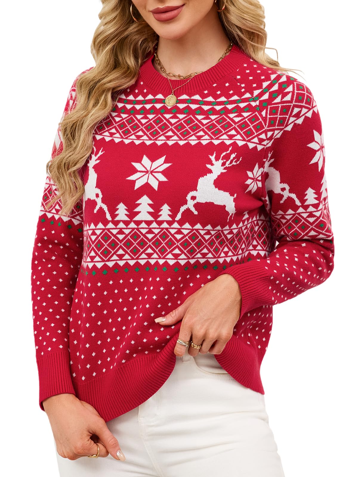 Quatrefox Weihnachten Pullover Damen Strickpullover Winter Warm Weihnachtspullover Rundhals Herbst Winterpullover Langarm Casual Lockerer Grobstrickpullover Elegant Strickwaren Oberteile