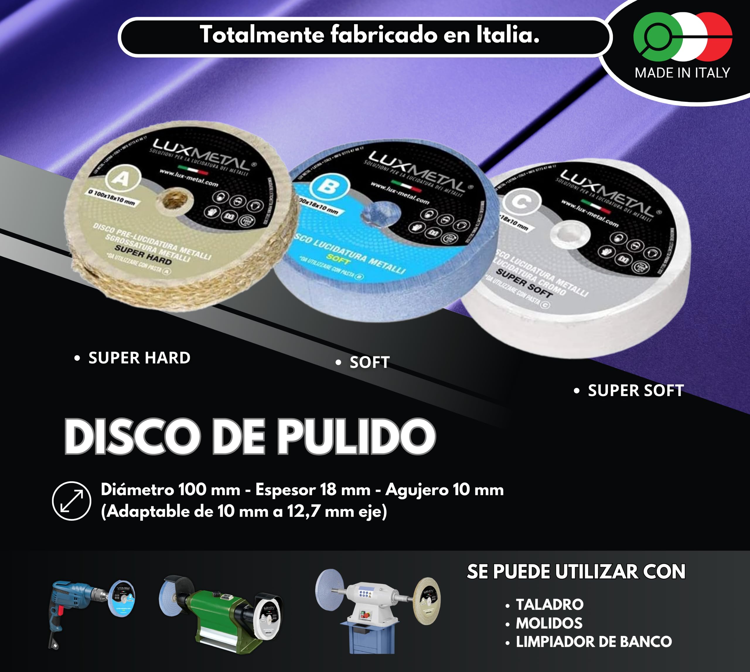 Lux Kit Pulido Metales 3 Discos Pulido 100 mm y 3 Pasta Abrasiva Pulido 250 gr en Algodón Discos Muelas para Pulir Acero Inoxidable Metales Aluminio Set Pulido Cromo Latón Cobre Rueda