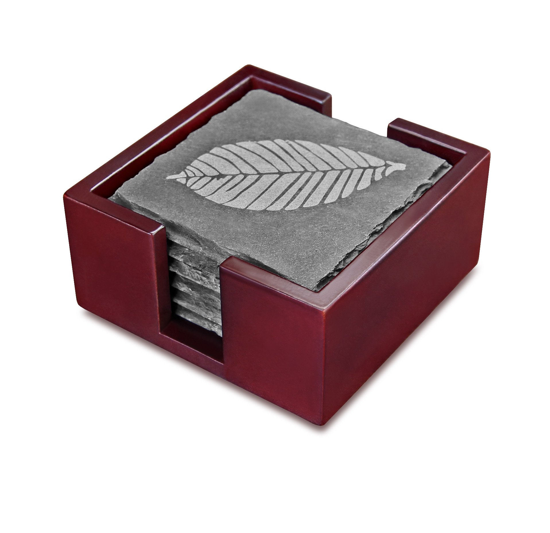 Artaste Slate Coasters with Etched Leaf, Slate Coasters Square (Etched Leaf with Wood Holder (Set of 6))