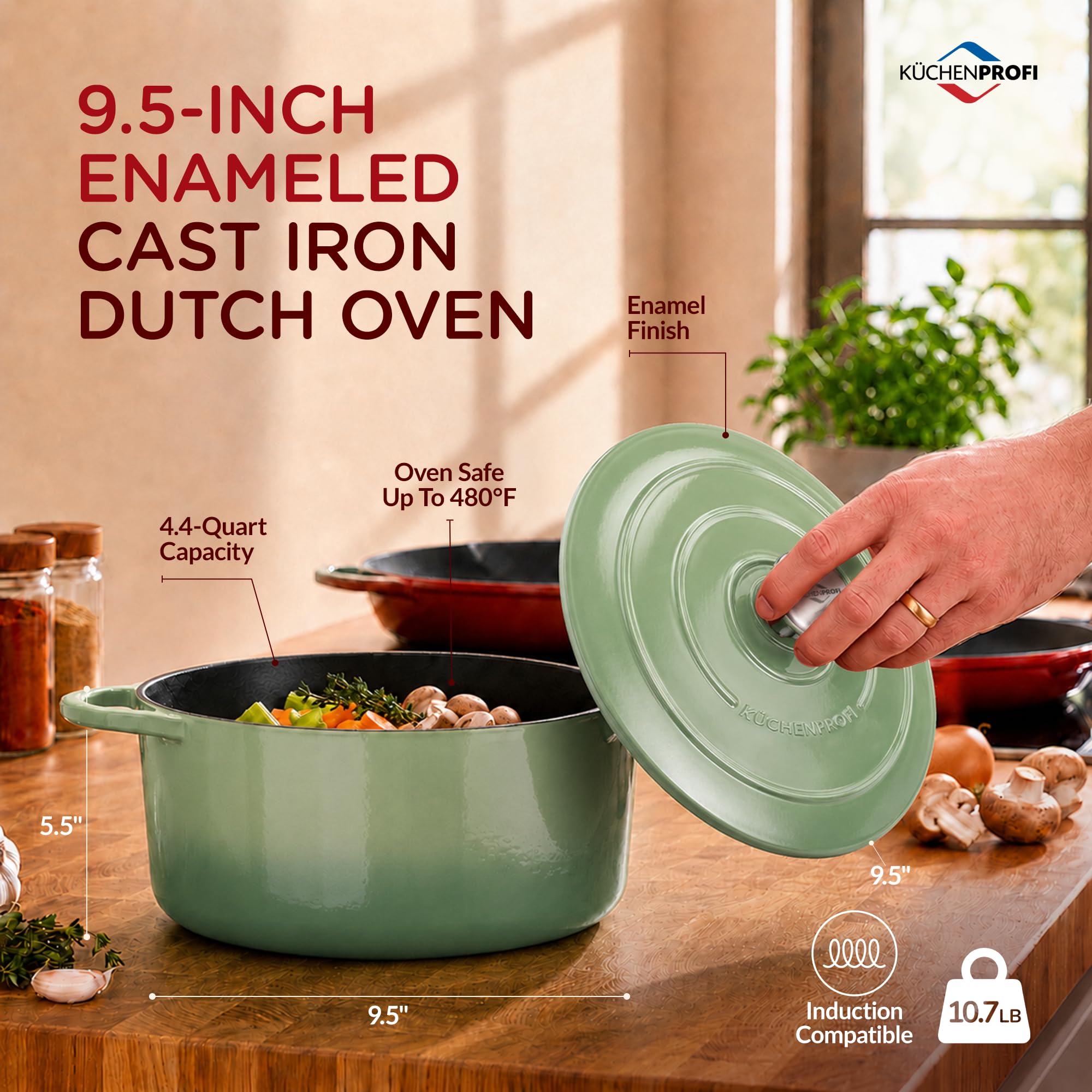 KÜCHENPROFI Gusseisen-Bräter mit Deckel, emailliert, 24 cm, Jade | Runder Gusseisen-Bräter mit Energieeffizienz, optimaler Wärmespeicherung, Edelstahlknopf, für alle Herdarten geeignet