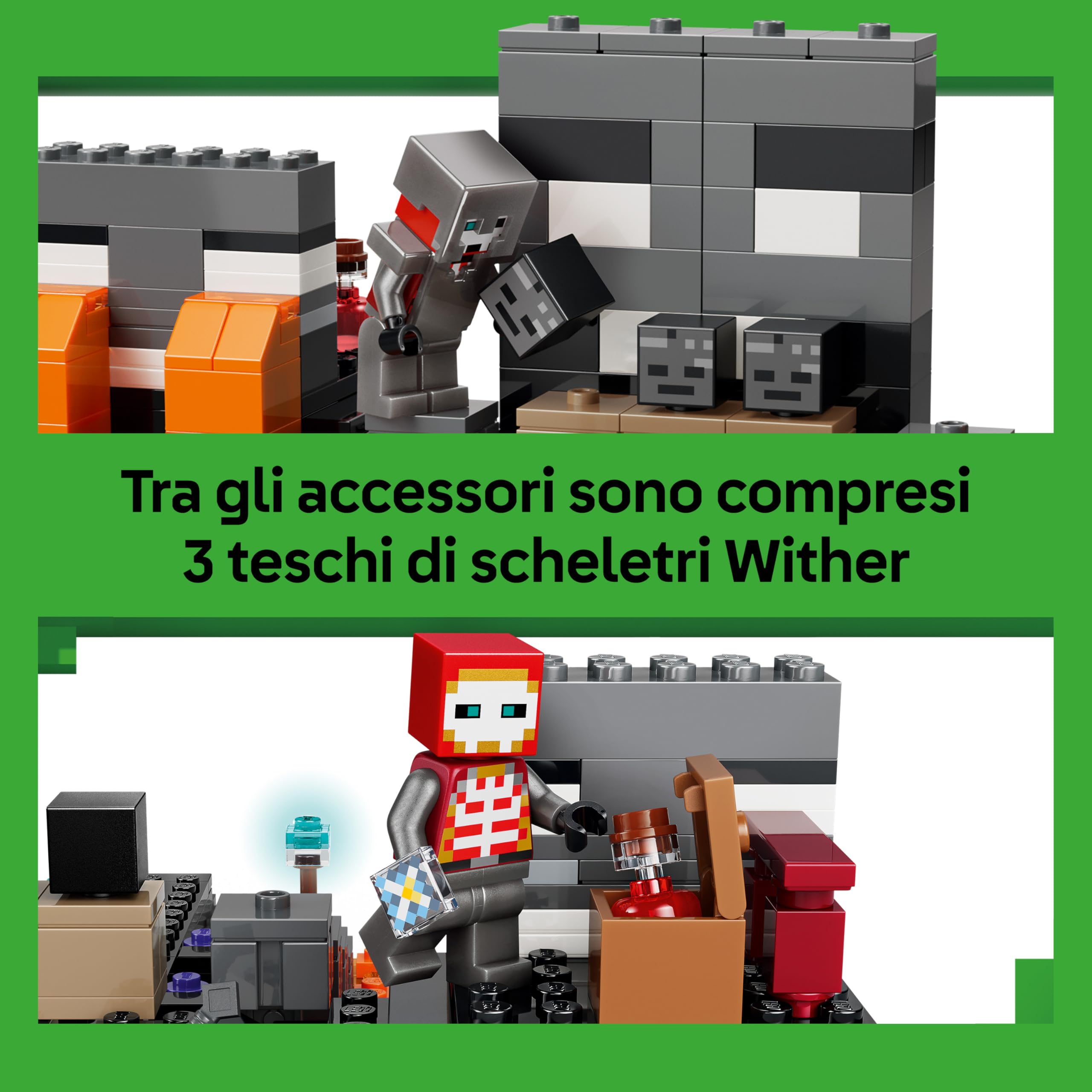 LEGO Minecraft Battaglia Contro il Wither - Giocattolo Interattivo con Guerriero Crimson, Strider, Cubo di Magma e 2 Figure di Scheletri Wither - Regalo per Gamer, Bambini e Bambine da 8 Anni - 21590