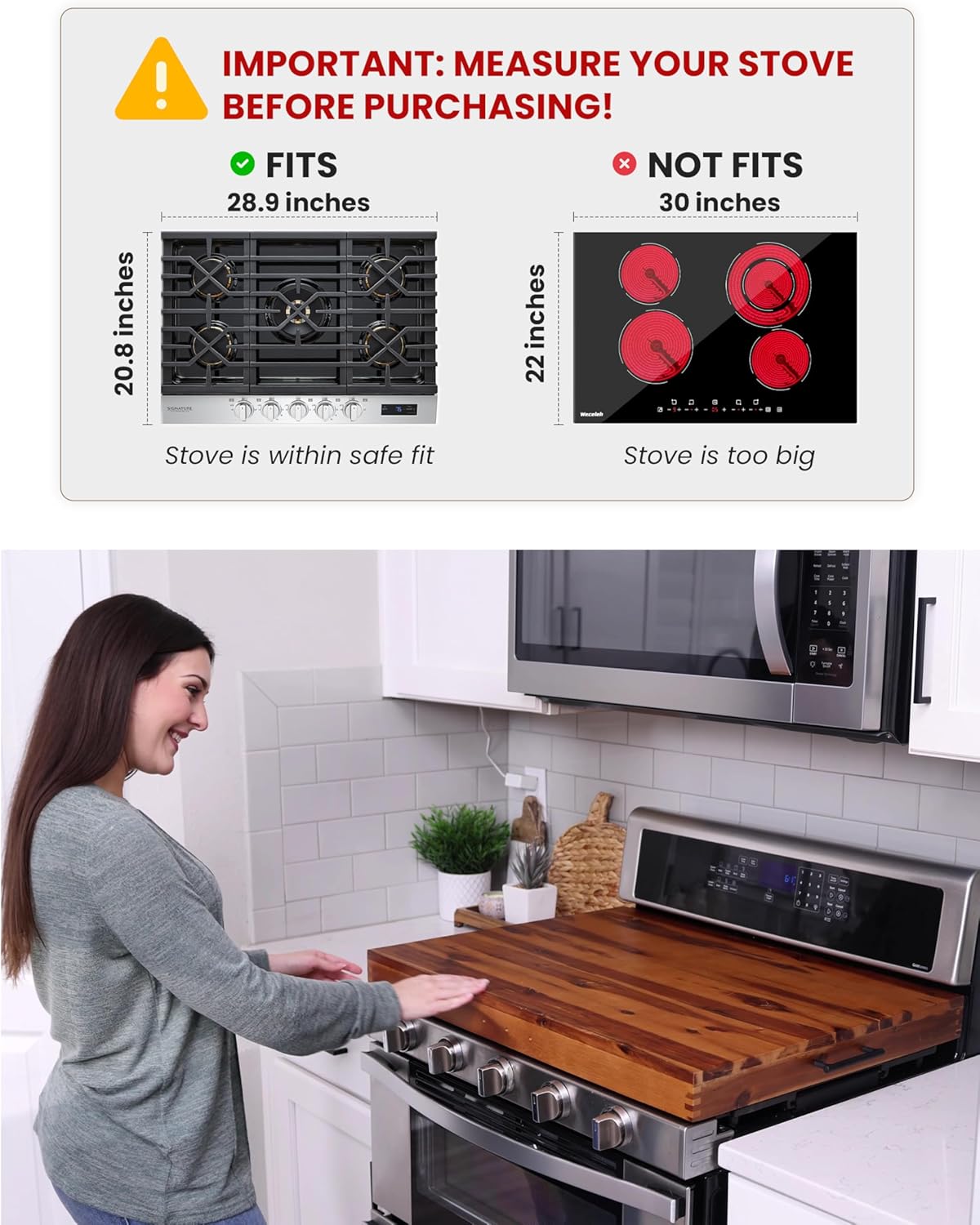 Stove Top Covers for Electric Stove with Handles 30”x22” (Outer) / 28.9”x20.8” (Inner) - Acacia Wood Noodle Board for Gas Stovetop - Stove Top Covers for Gas Burners, Sink Cutting Board (Acacia color)